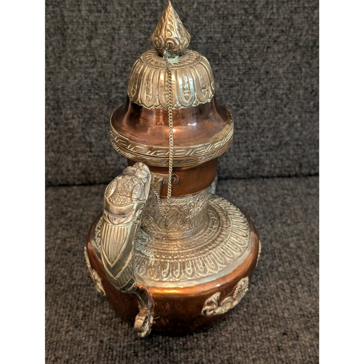 Antique 1900s Tibetan Dragon Tea Pot Ewer Copper With Silver Repose Decoration