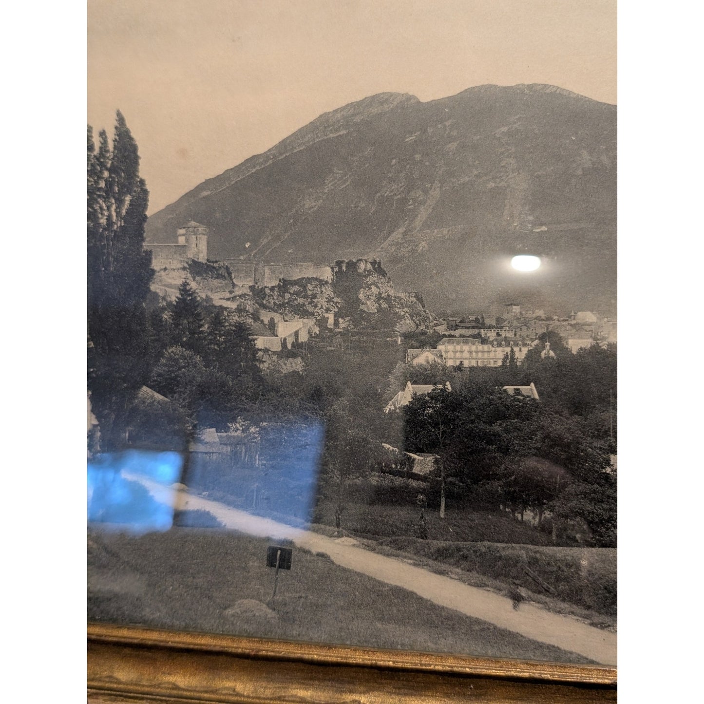 Antique/Vintage East to West Black & White Framed Picture of Lourdes Under Glass