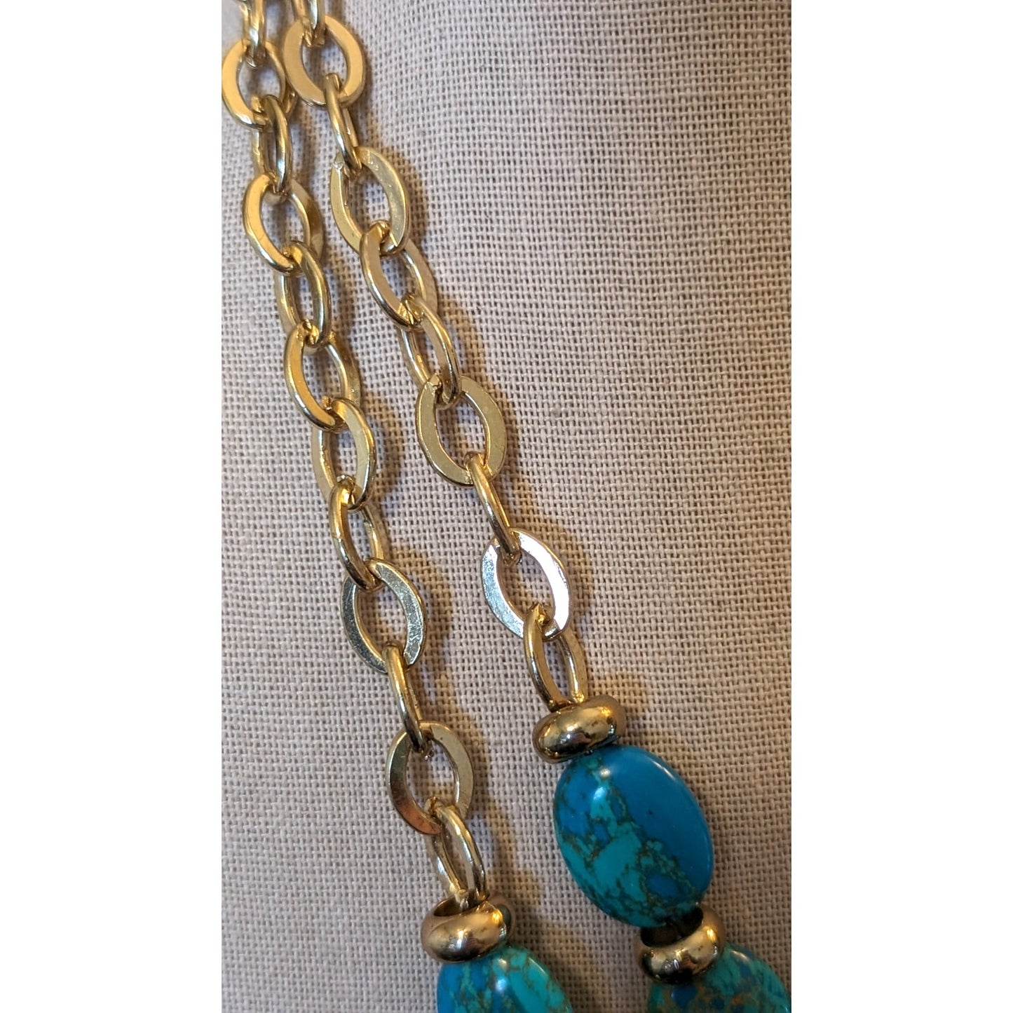 KR Blue Stone Gold Tone Chain Hammered Pendant Double Strand Necklace
