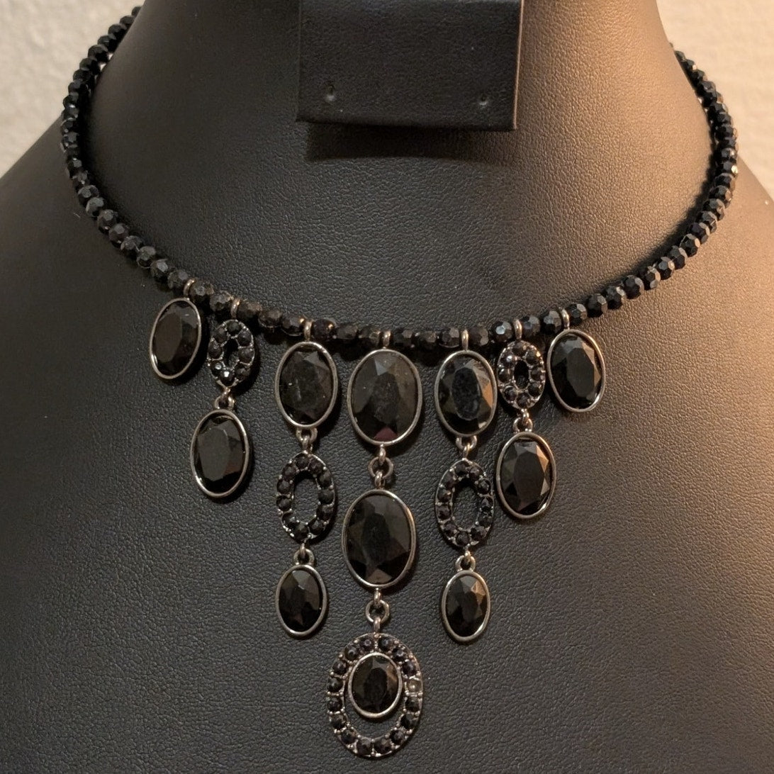 Black Beaded Waterfall Dangle Wire Choker Necklace
