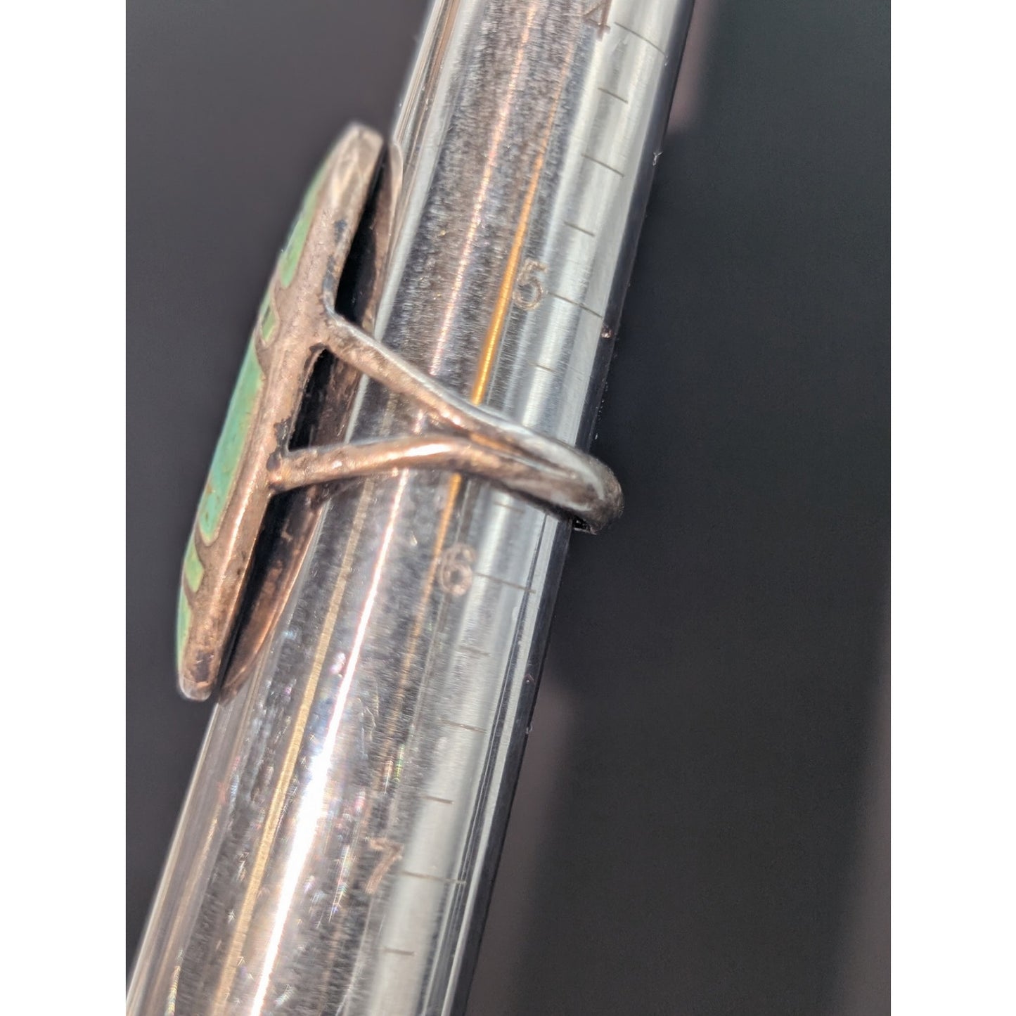 Vintage Sterling Silver Inlay Greenish Long Oval Chipped Stone Ring Size 5.5