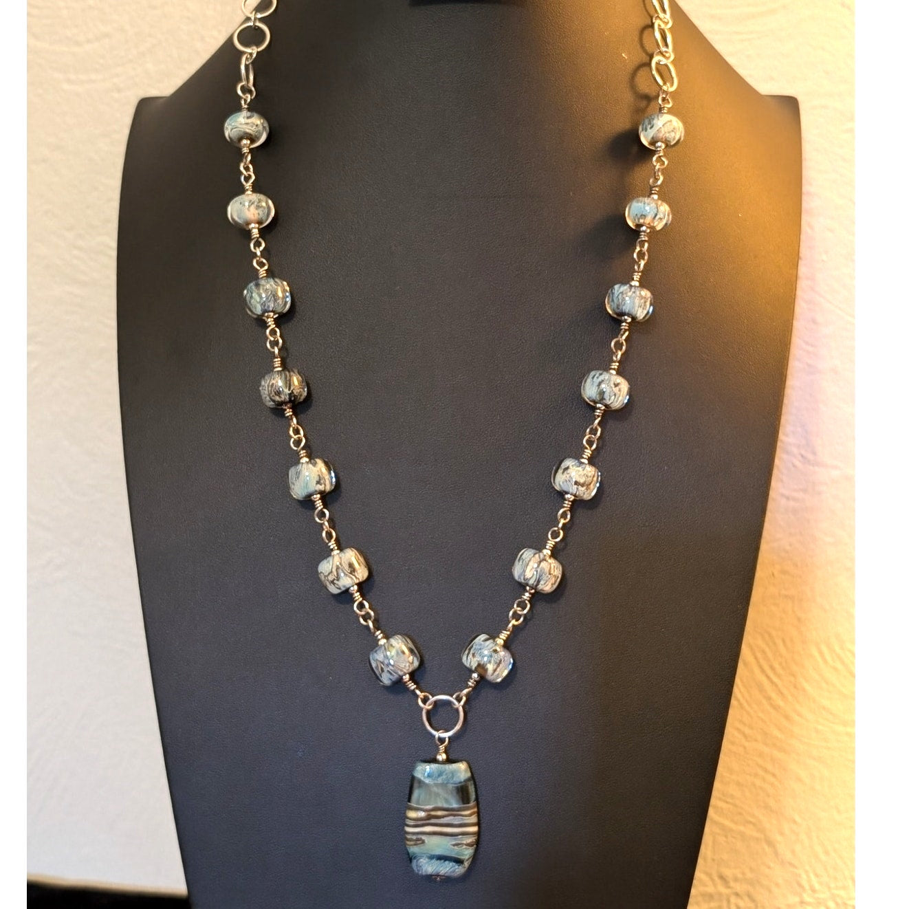 Signed 'Moon' Turquoise Brown Cream Striped Lampwork Bead Sterling Necklace
