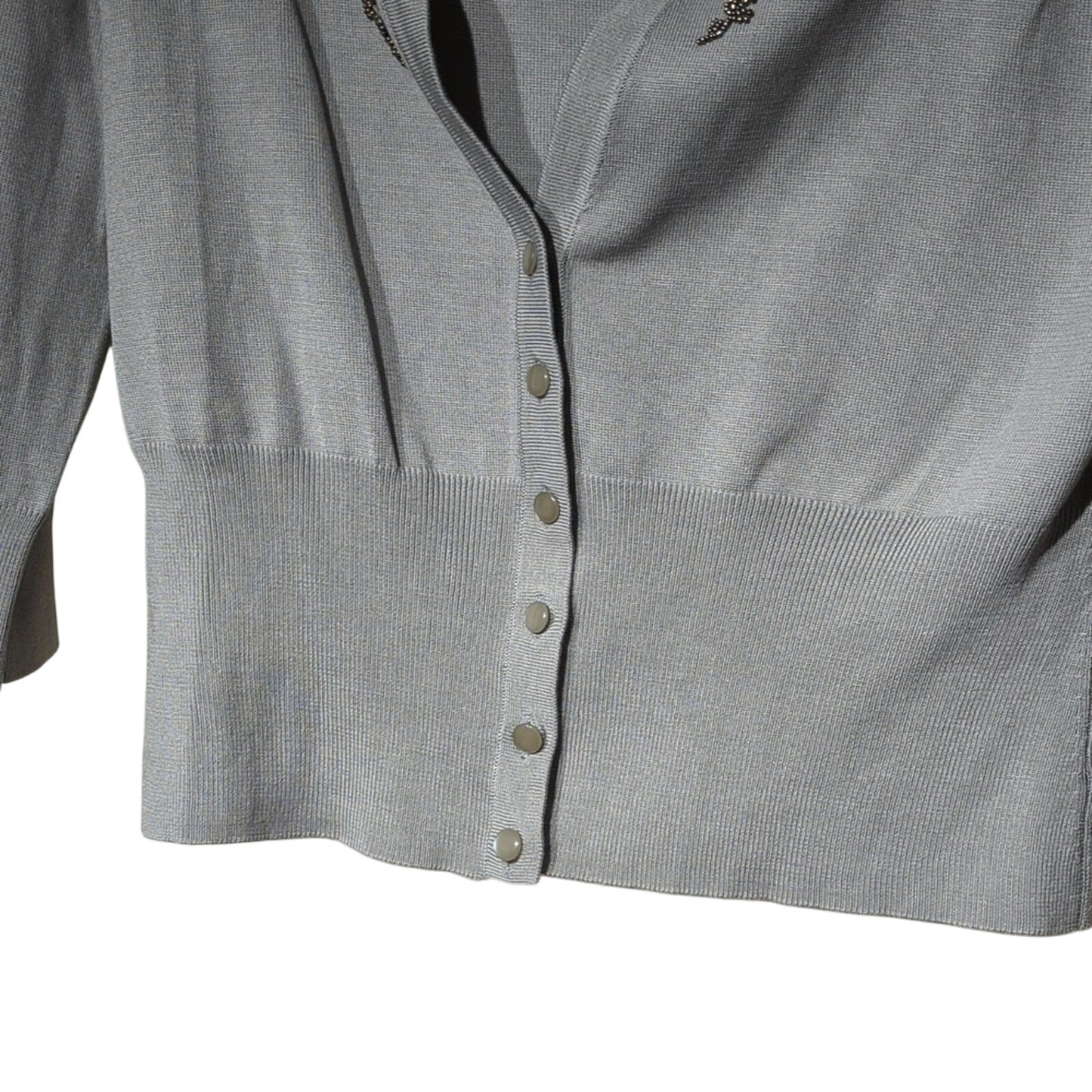 Talbots Gray Silk Blend Beaded Sweater Set Wide Rib Hem 3/4 Sleeves Women's Sz L