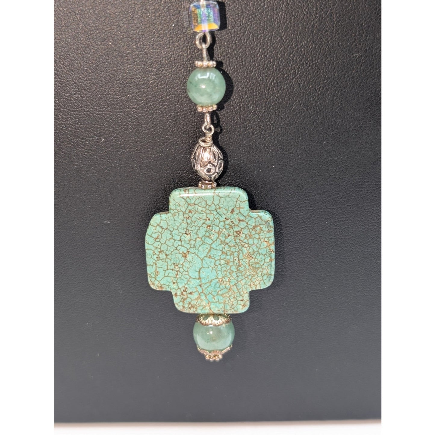 Green Stone Cat's Eye Crystal Bead Rosary Style Chain Y-Drop Toggle 23" Necklace