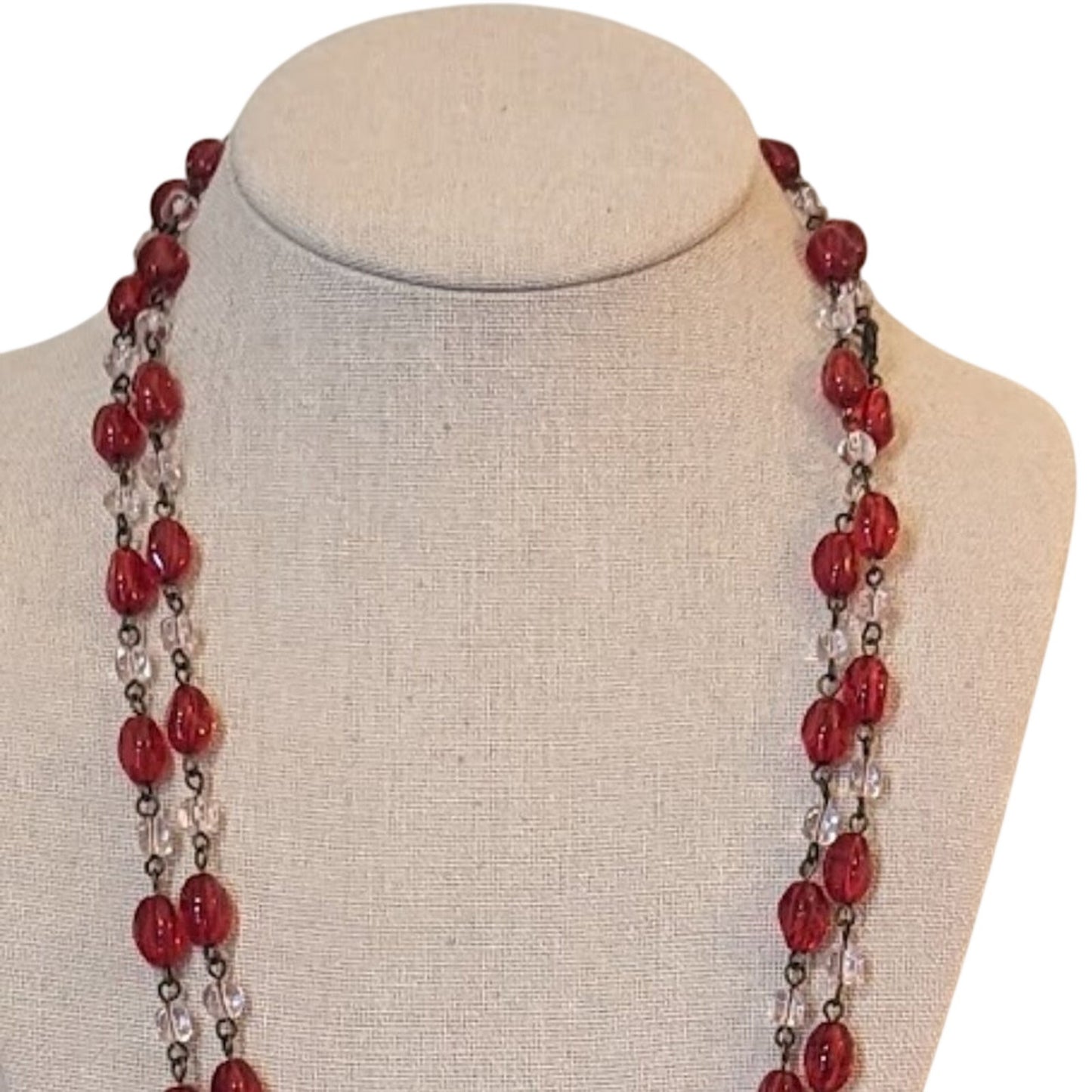 Vintage Red and Clear Glass Bead Rosary Style Chain Necklace