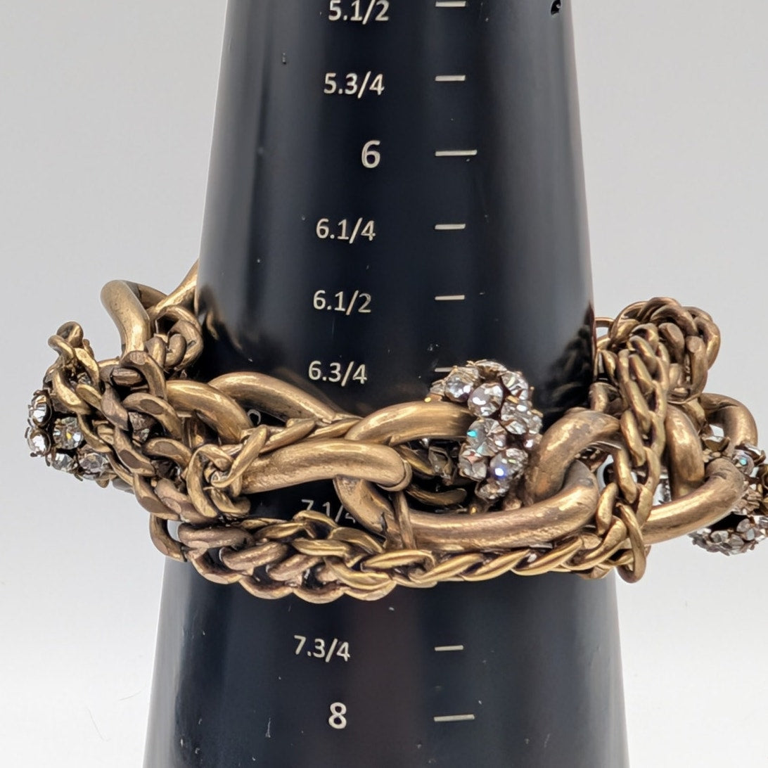 J.Crew Brass Plated Chunky Twisted Chain Link Clear Rhinestone Bracelet