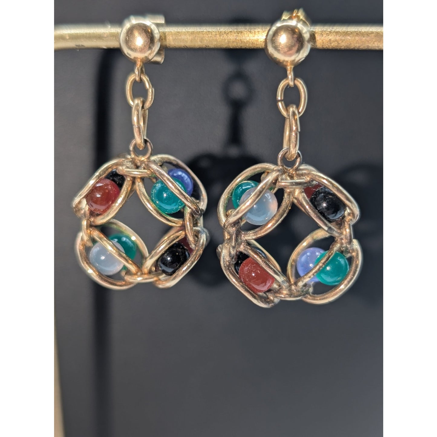 VTG B & B Bates and Bacon Co. Caged Agate Orb Beads in 1/20 12K GF Post Earrings