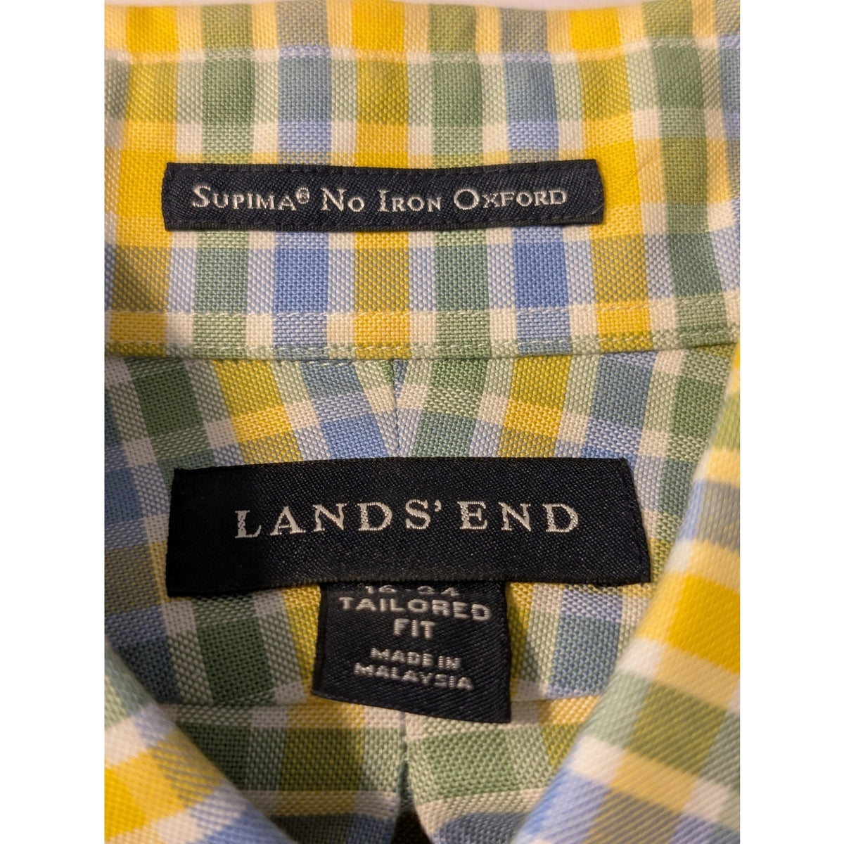 Lands' End Yellow Plaid Tailored Fit Supima Cotton No Iron Oxford Shirt Sz 16-34