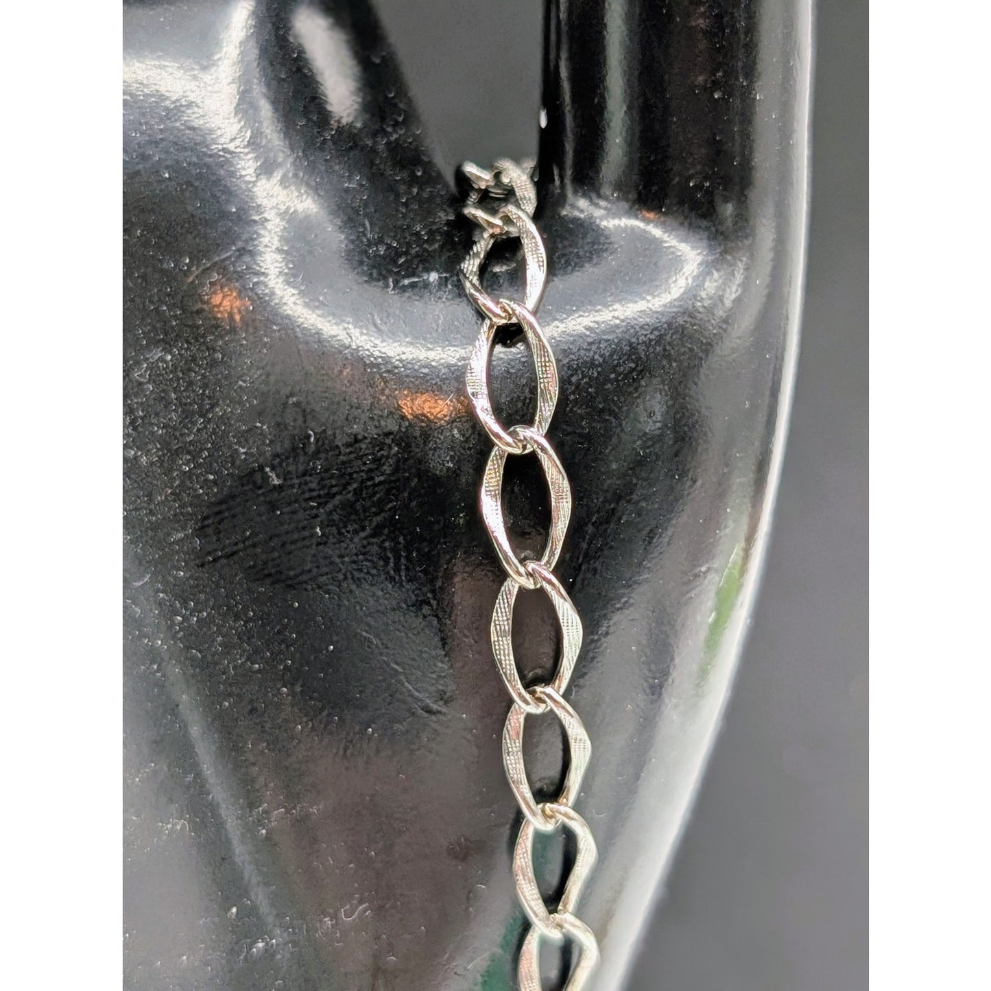 Vintage Sterling Silver Oval Etched Link Charm Bracelet Spring Ring Clasp