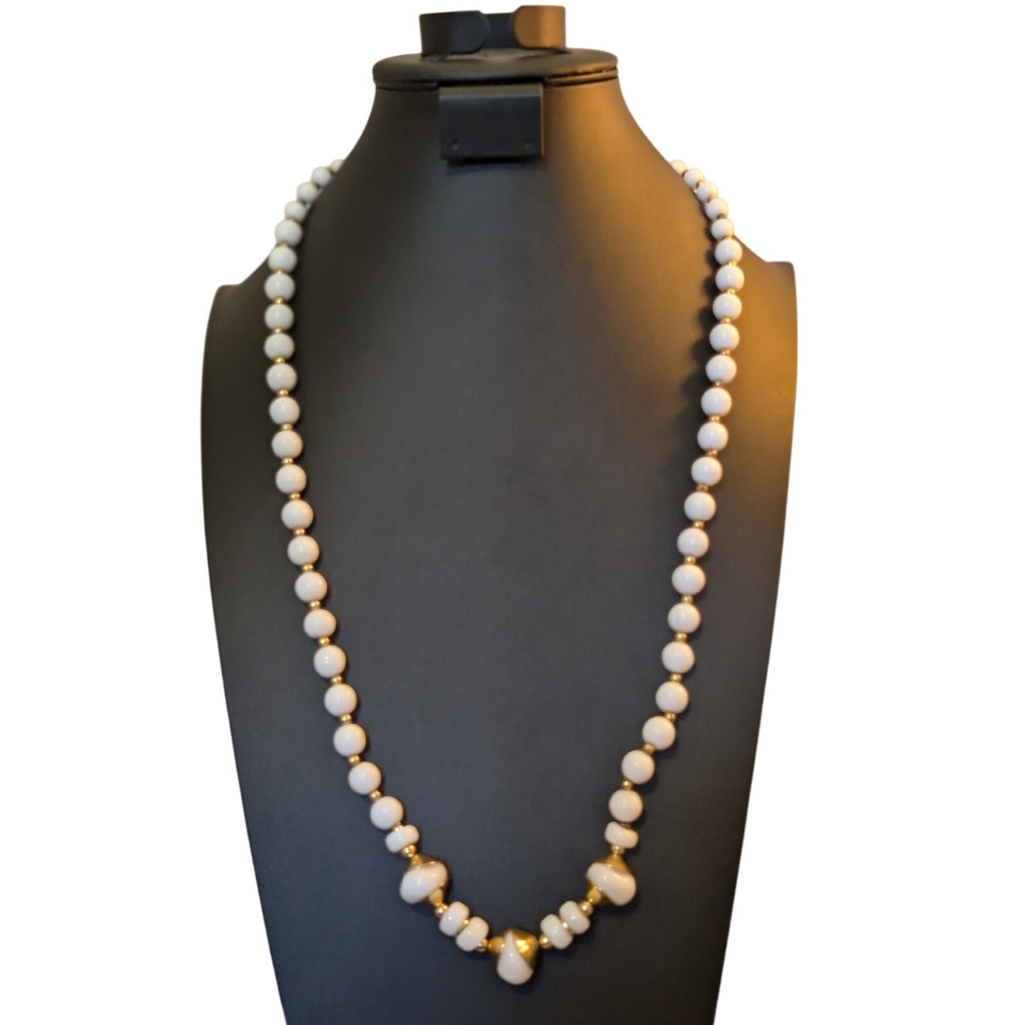 Vintage Milk Glass & Other Stone Graduated Bead Gold Tone 30" Necklace