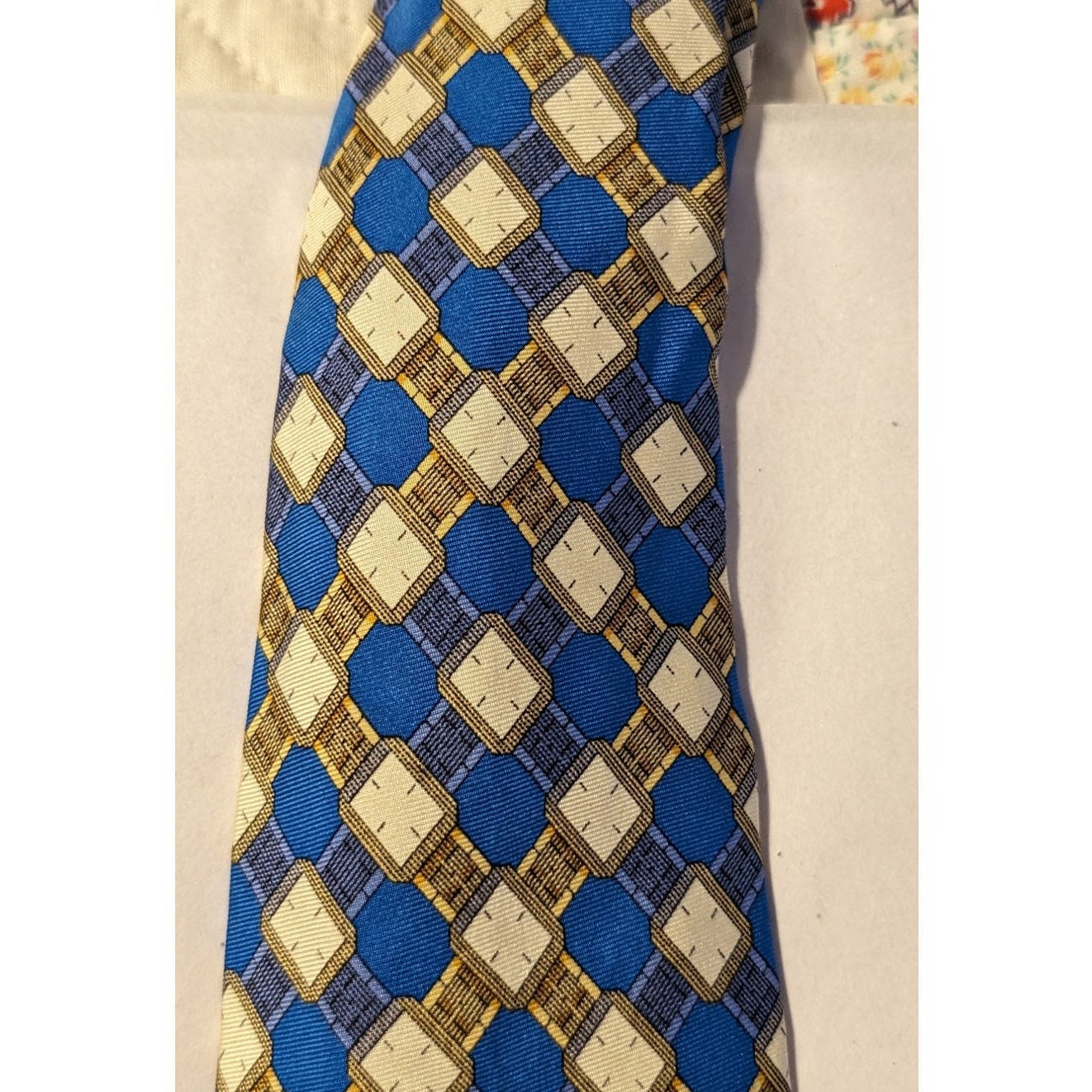 Piaget Silk Vintage 100% Silk Blue Gold Geometric Design Neck Tie