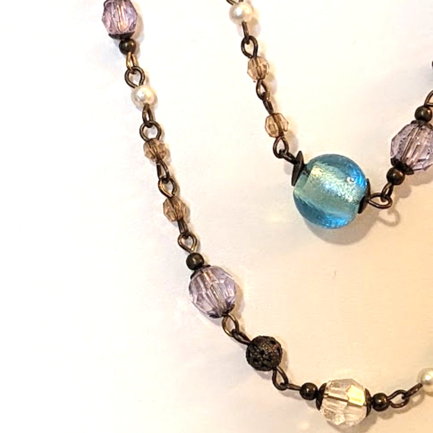 Boho Antiqued Bronze Glass Filigree Metal & Faux Pearl Bead Chain 42" Necklace