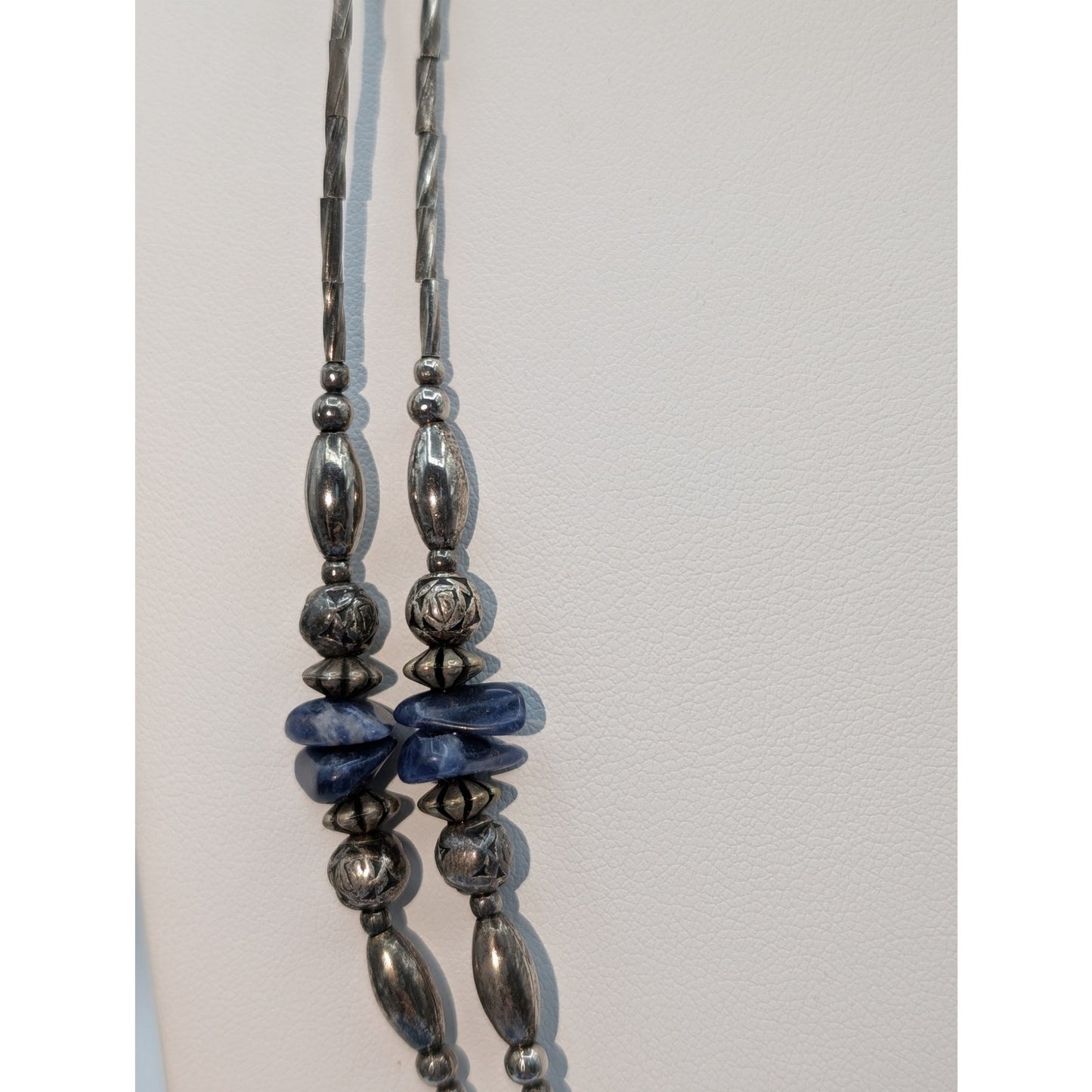 Vintage Twisted Liquid Silver Blue Stone Chip Bead Double Strand 24.5" Necklace