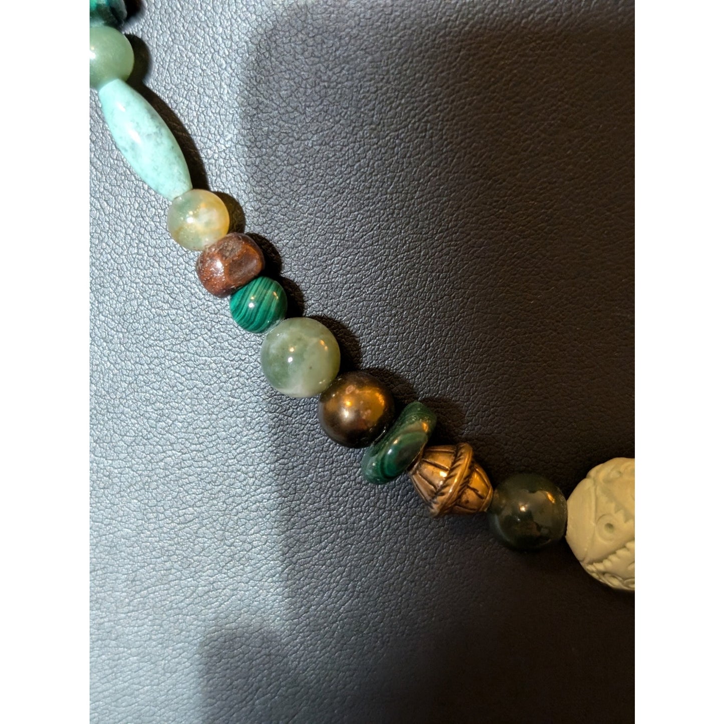 Green Stone Glass Bead Necklace W/ Carved Mint Green Center Bead