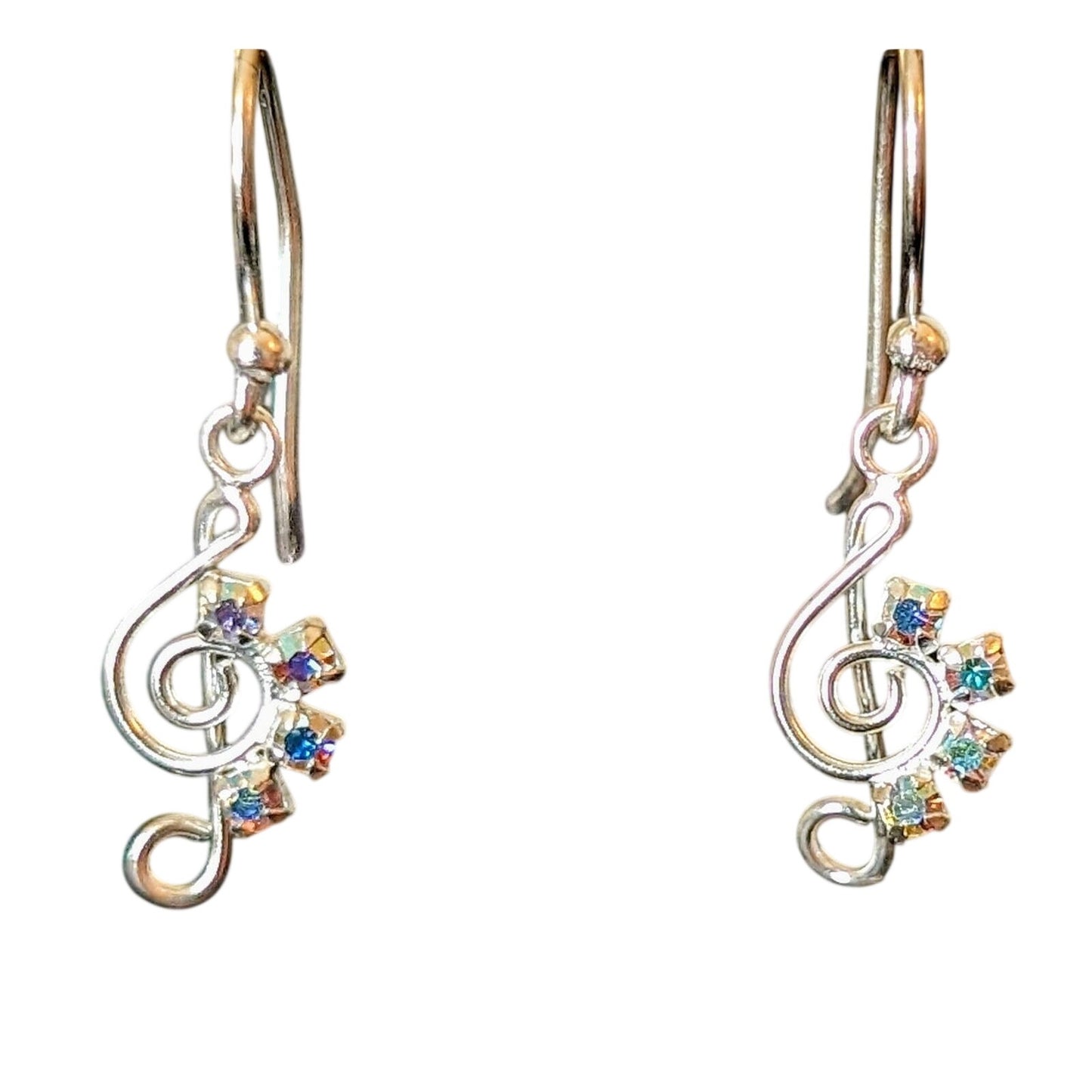 Marked 925 Sterling Treble Clef AB Crystal Dangle French Wire Earrings