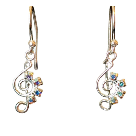Marked 925 Sterling Treble Clef AB Crystal Dangle French Wire Earrings