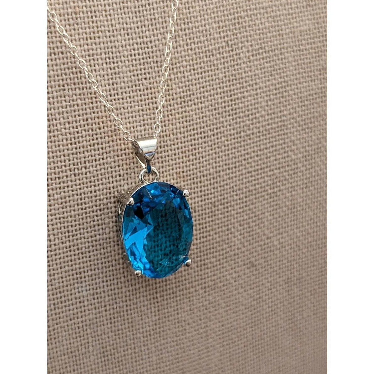 Large Simulated Swiss Blue Topaz Pendant on 925 Sterling 18" Chain