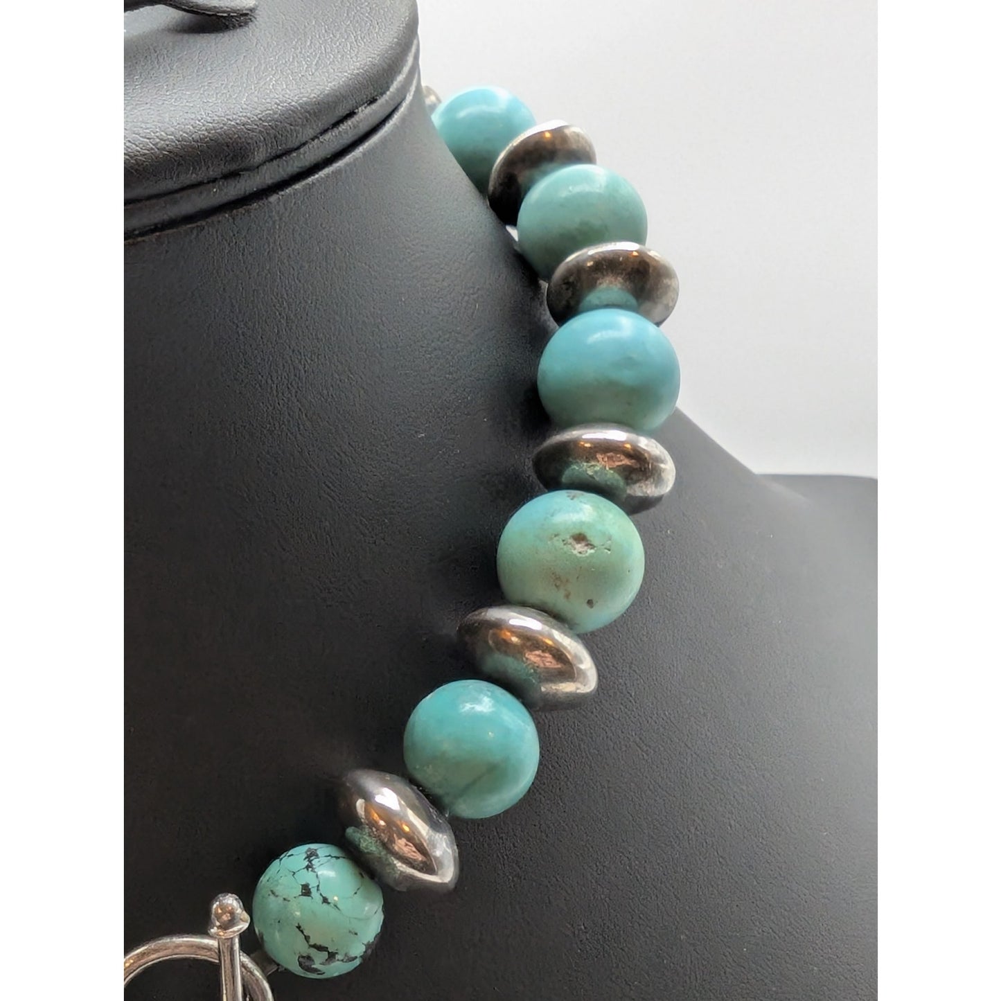 VTG 925 Sterling Silver Chunky Beaded Natural Stone Toggle Clasp Necklace 91.84g