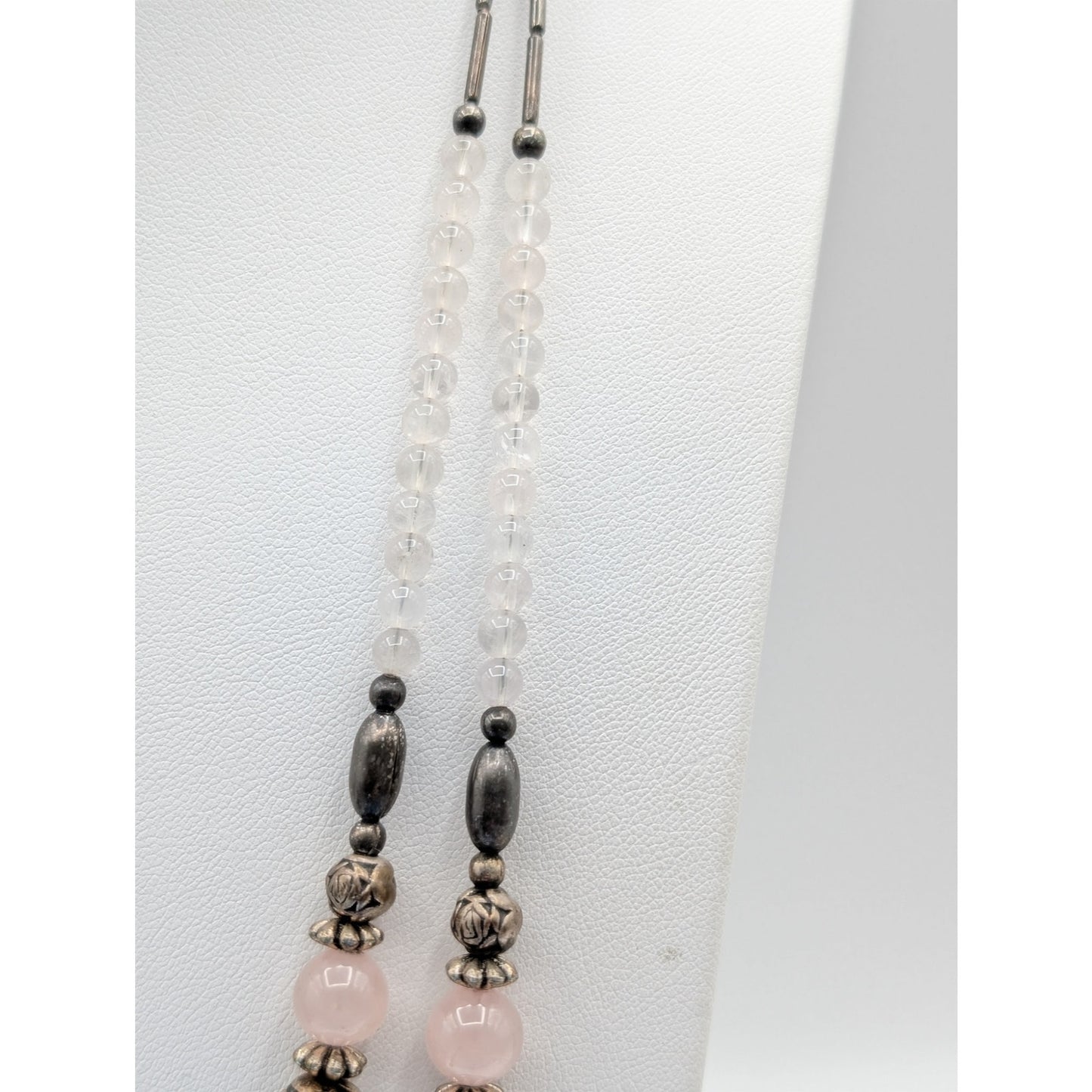 Vintage Liquid Silver Handmade Pink Quartz Crystal Double Strand 25.5" Necklace