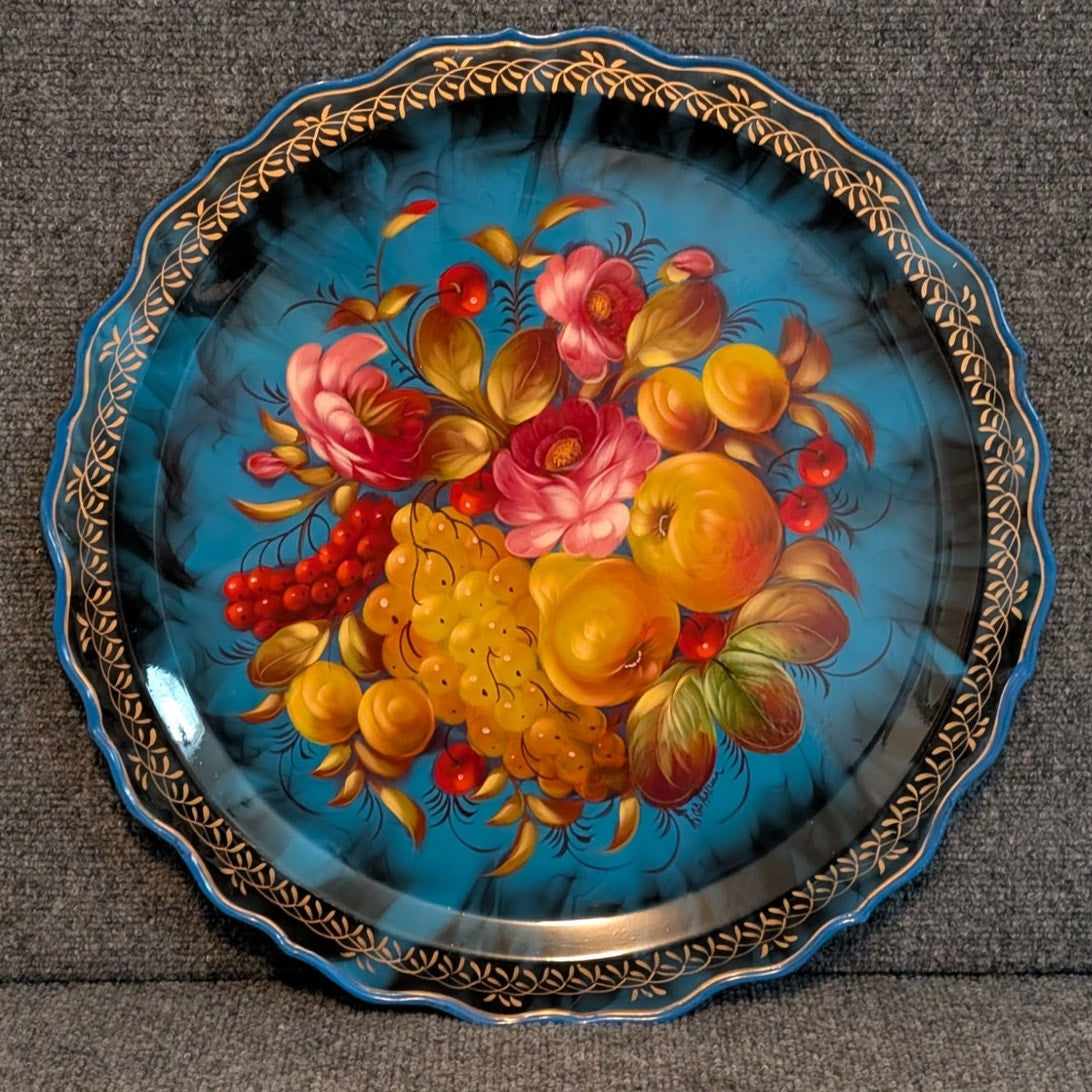 Vtg Hand Painted Zhostovo Metal Floral Signed Russian Folk Art Decorative Tray