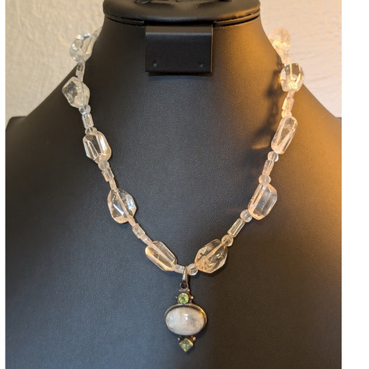 Polished Rock Quartz 925 Sterling Silver W/ Peridot Moonstone Pendant Necklace