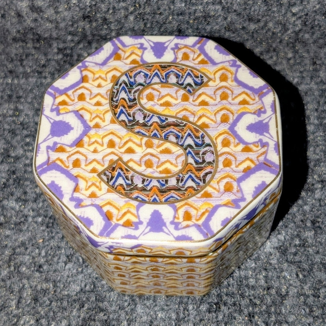 Anthropologie 3" Ceramic Trinket Box Letter 'S' Monogram Purple Gold