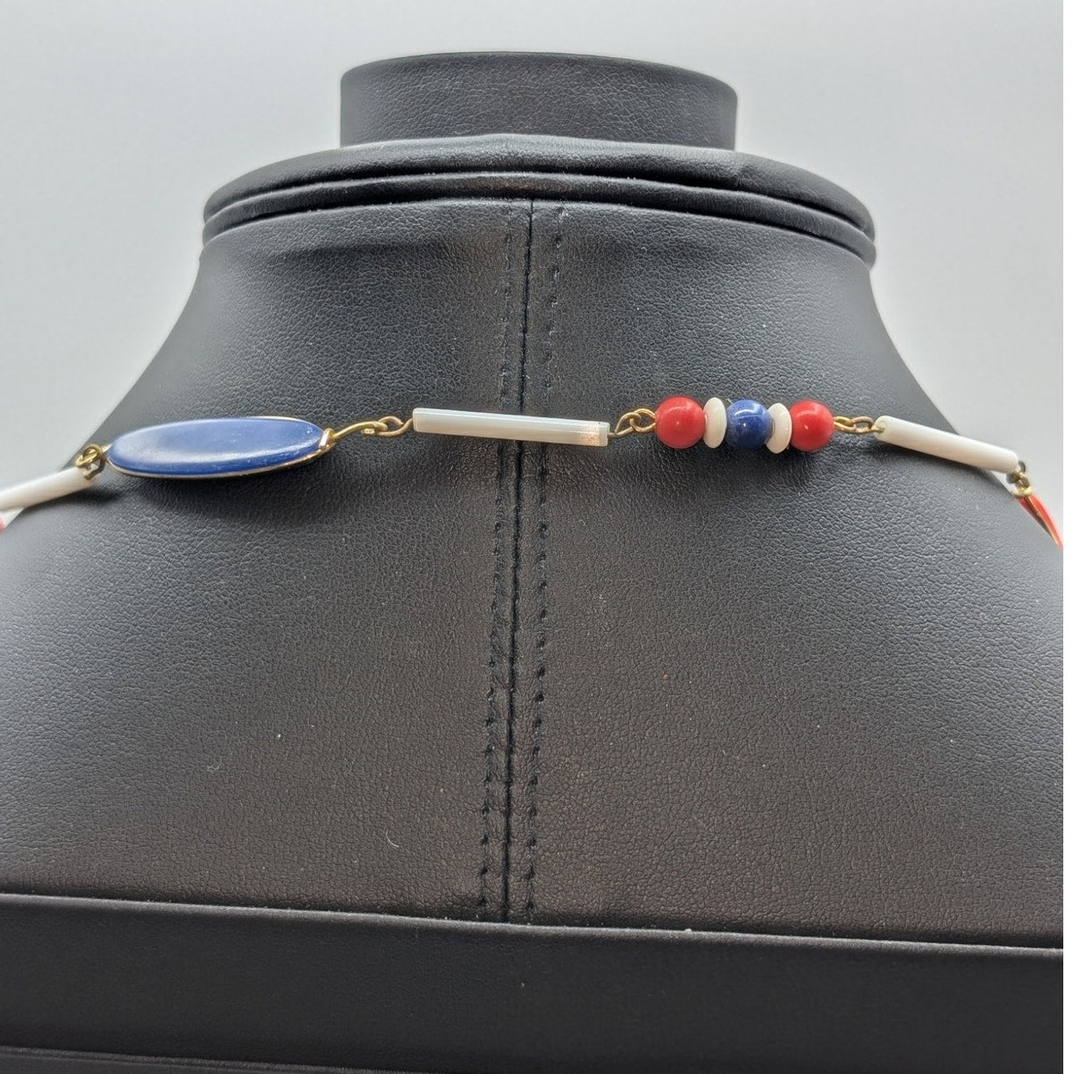 Vintage Red White Blue Multi Shape Long Acrylic Beaded Necklace