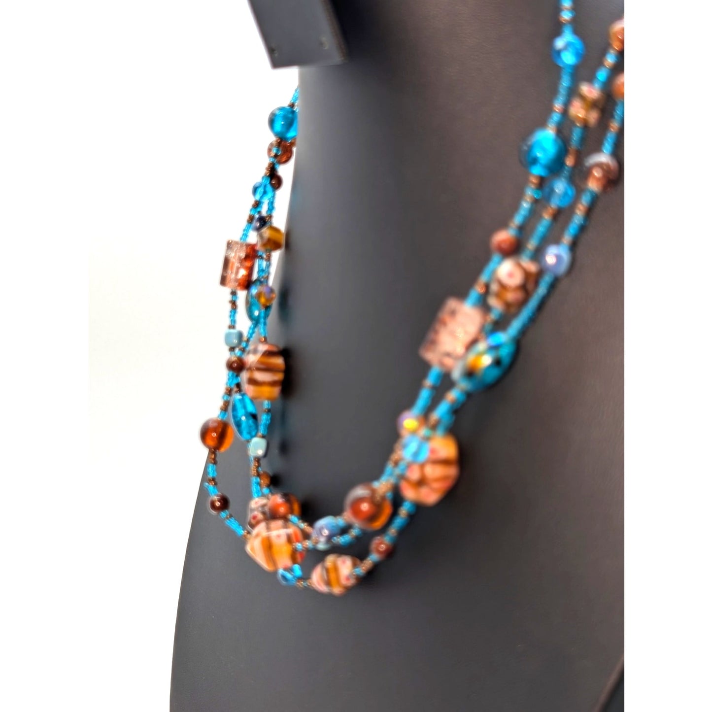 Millefiori Glass Lampwork Aqua Brown Bead Multi-Strand 17"-21" Necklace