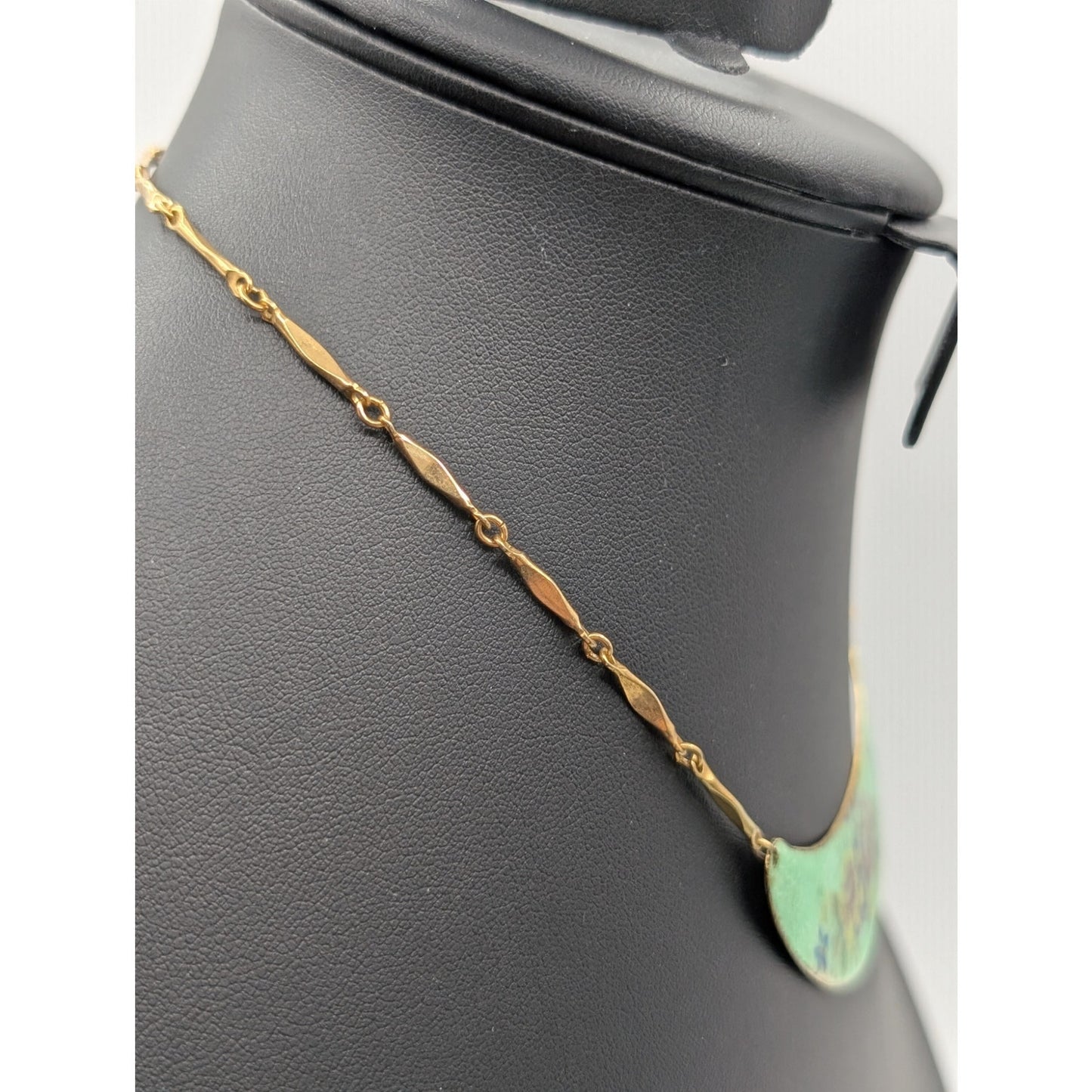 Vintage Gold Tone Green Hand Painted Enamel Choker 15" Necklace