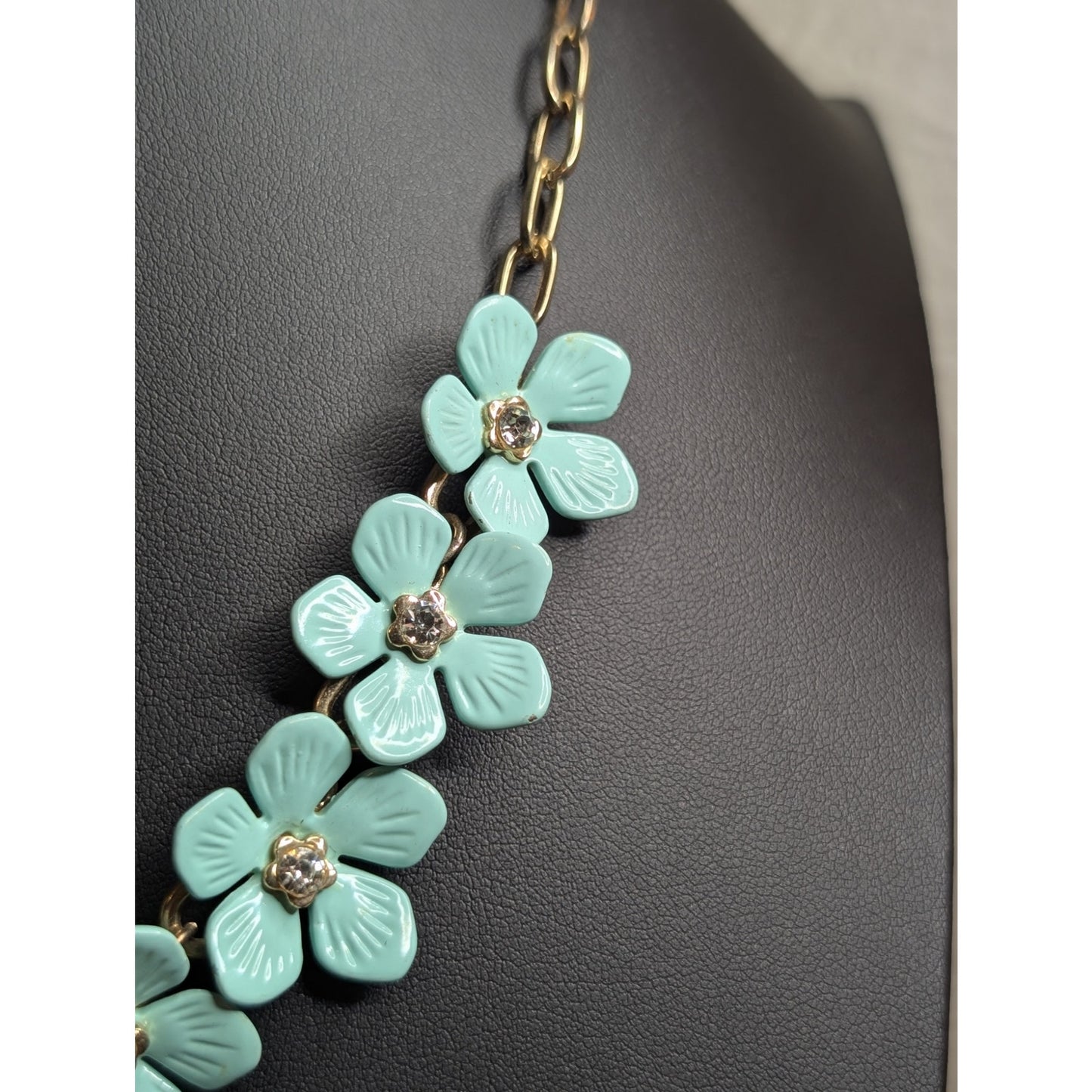 Aqua Enamel Rhinestone Center Flowers Paper Clip Chain Statement Necklace