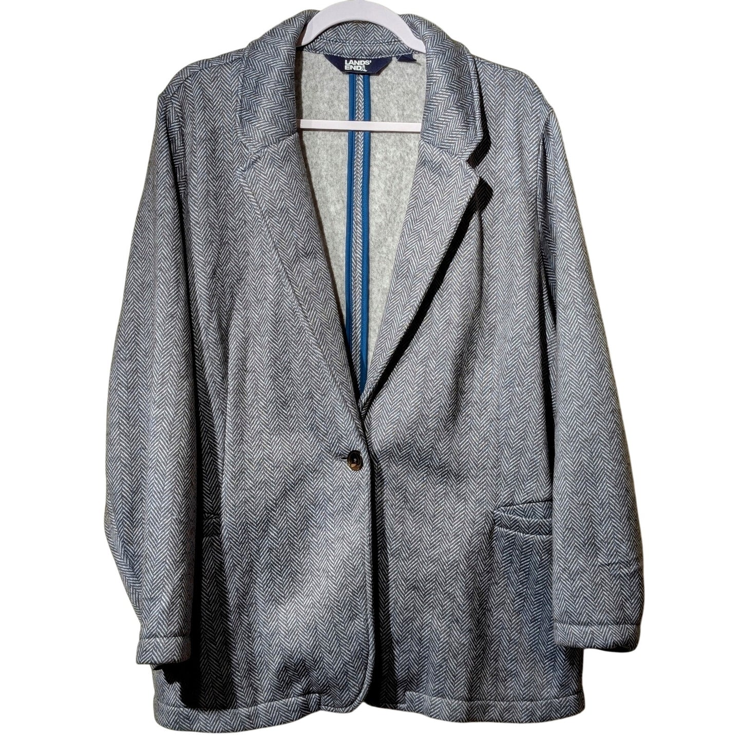 Lands' End Gray Chevron-Herringbone Fleece-Lined One Button Blazer Womens Sz 2X
