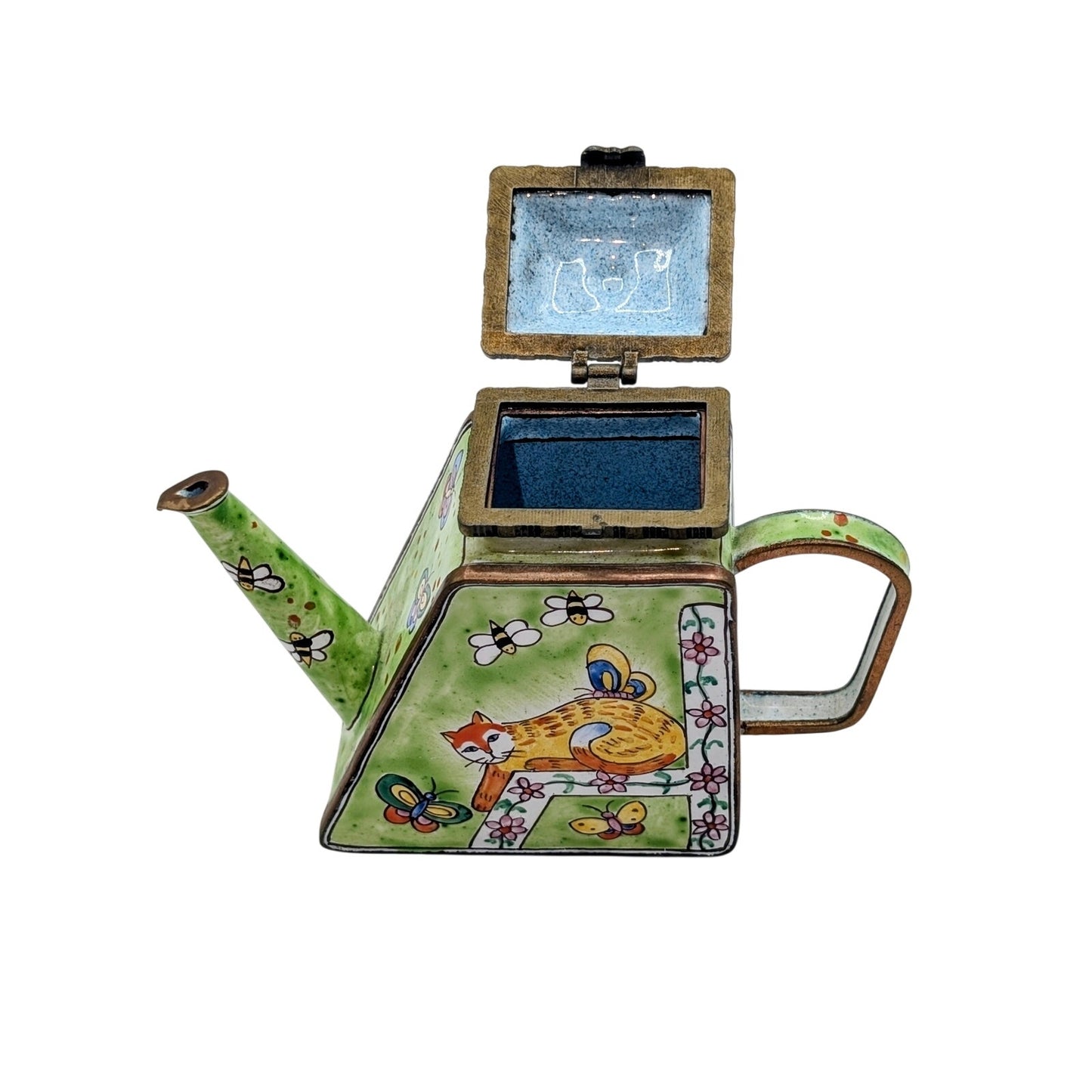 Kelvin Chen Vintage Kitty Catching Butterflies Green Enamel Collectible Teapot