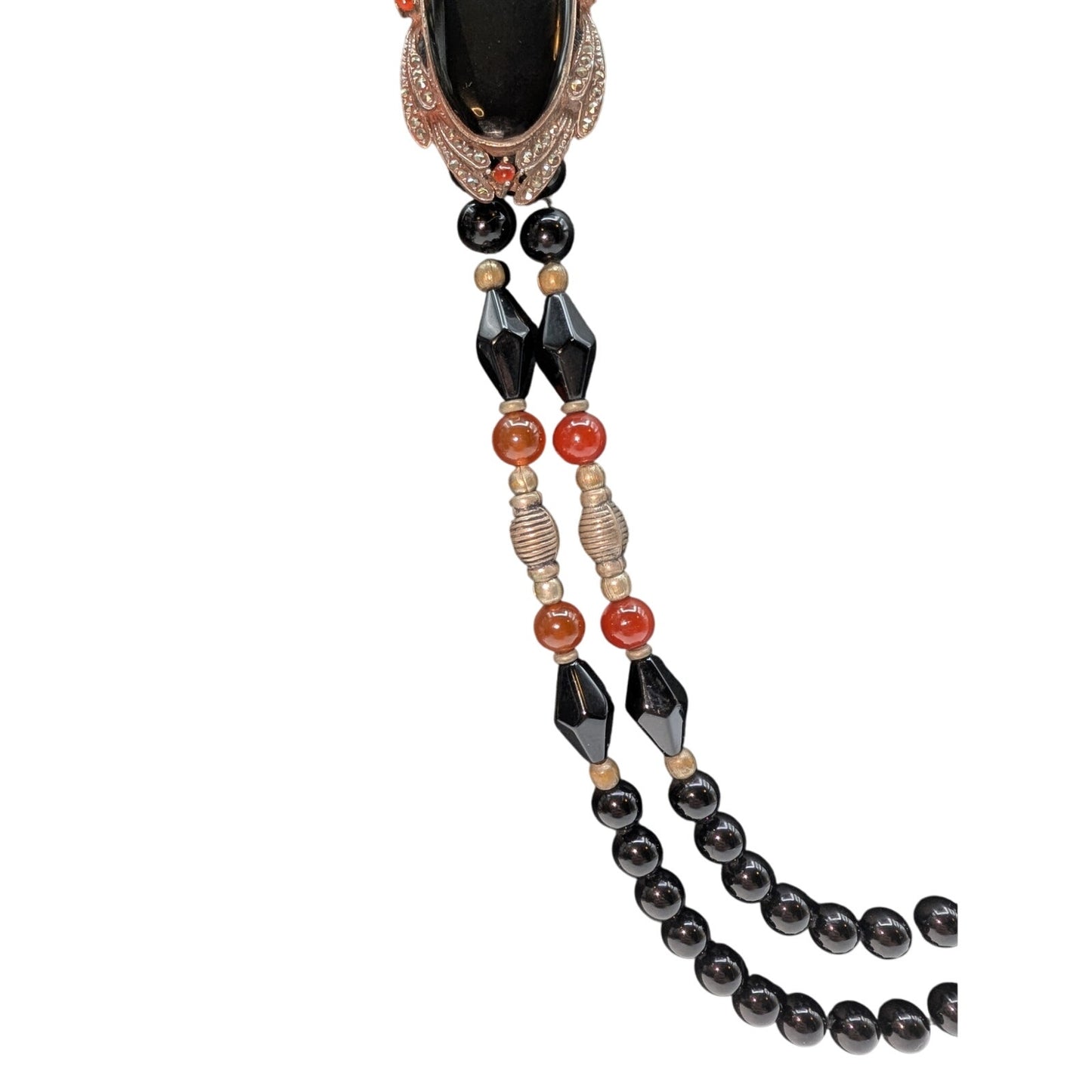 VTG Sterling Double Strand Black Onyx/Tourmaline Carnelian Marcasite Necklace
