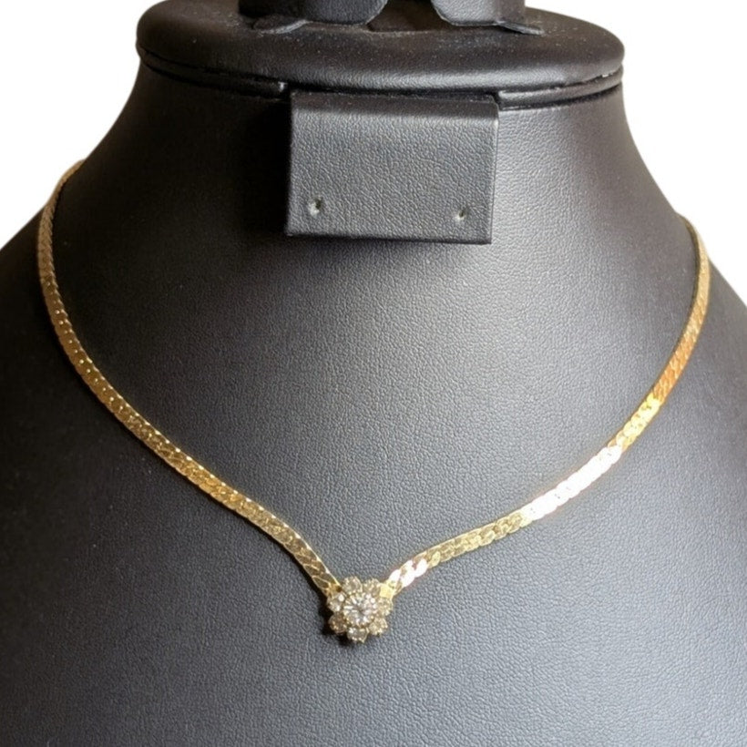 Vintage Parklane Gold Tone 16" Center Rhinestone Flower Necklace
