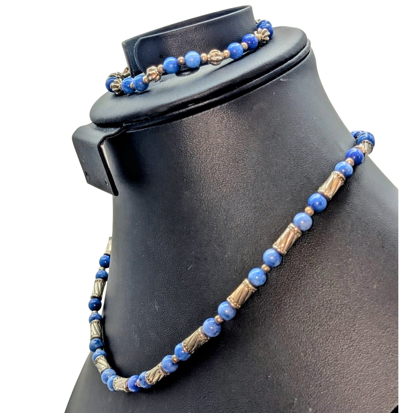 Blue Stone Silver Tone Beaded 18" Necklace and 7.5" Bracelet Set