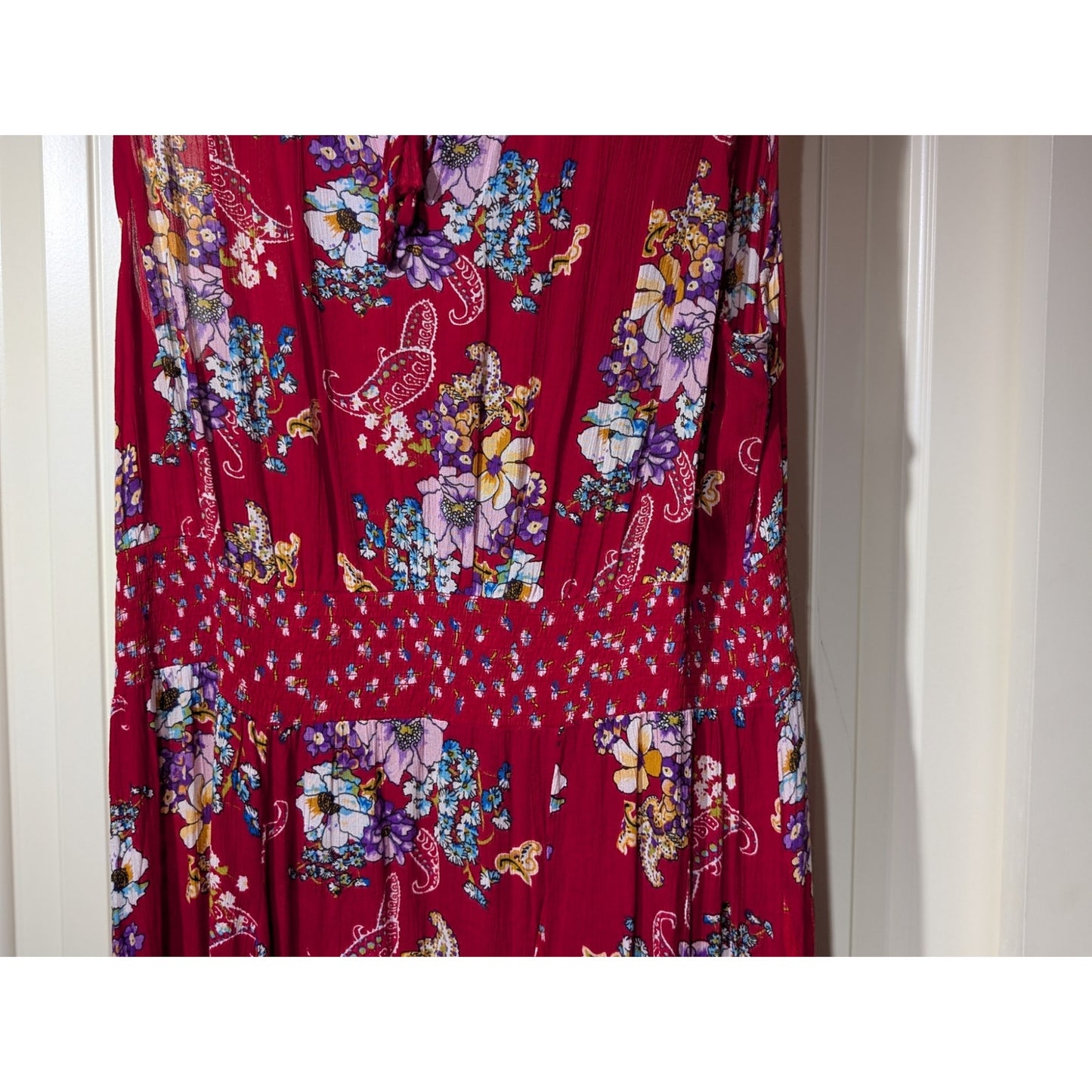 Bila Ruffled Smocked Boho Hippie Red Floral Maxi Dress Women's Size XL