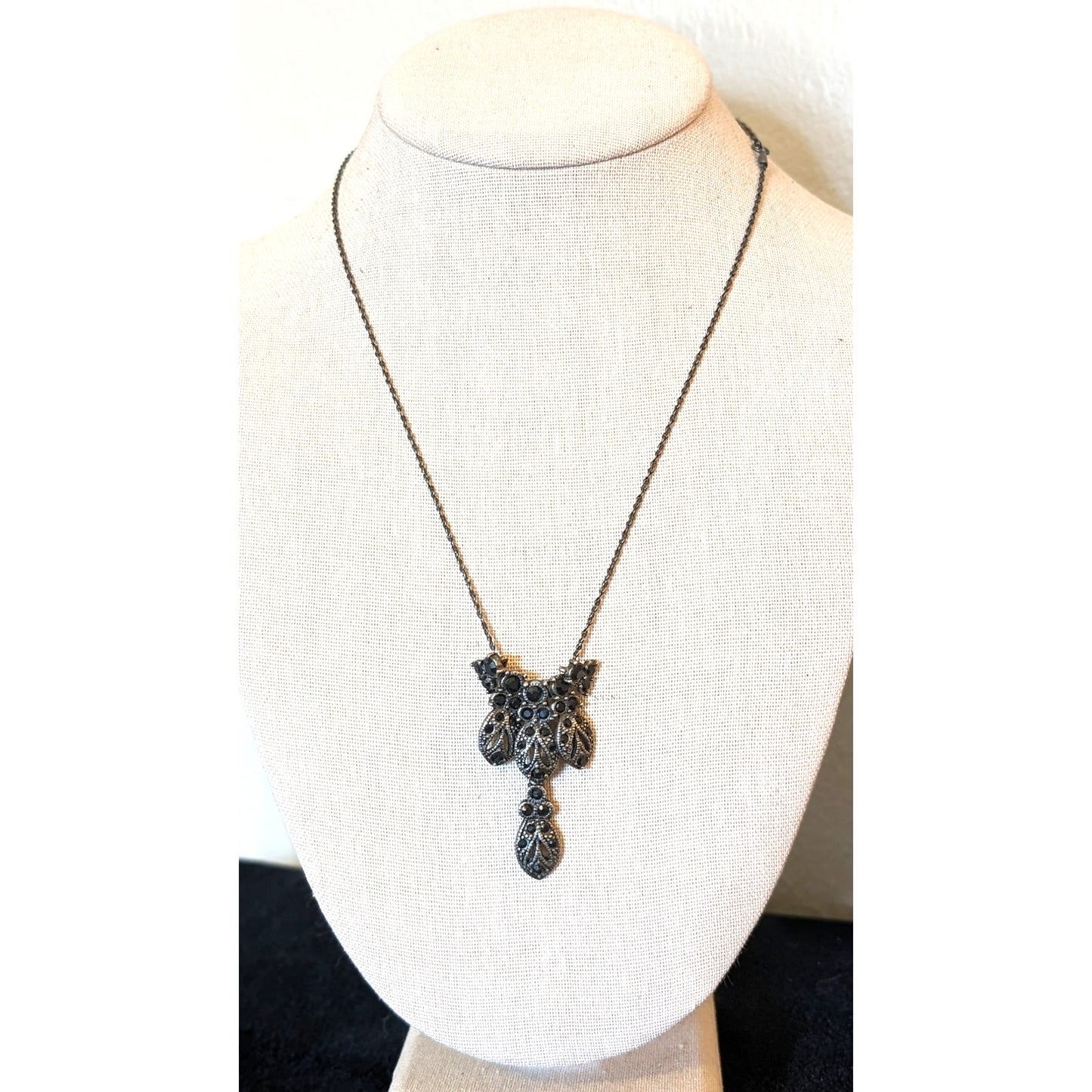 Black Crystal Charm Gun Metal Chain Necklace
