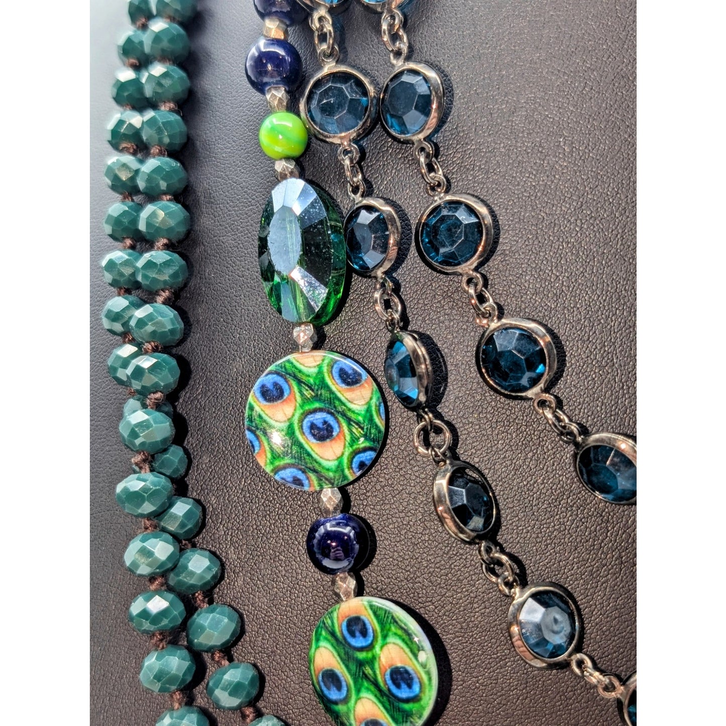 Lot of Blue Green Peacock Glass Czech Shell Crystal 3 Necklaces & 4 Bracelets