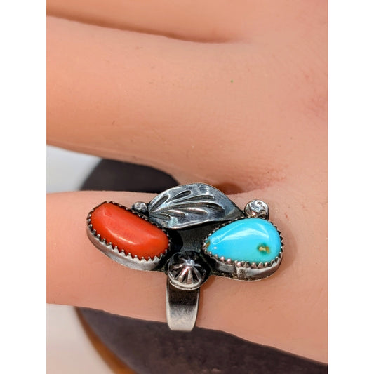 Vintage Southwestern Turquoise Coral Leaf Design Sterling Silver Ring Size 6.5