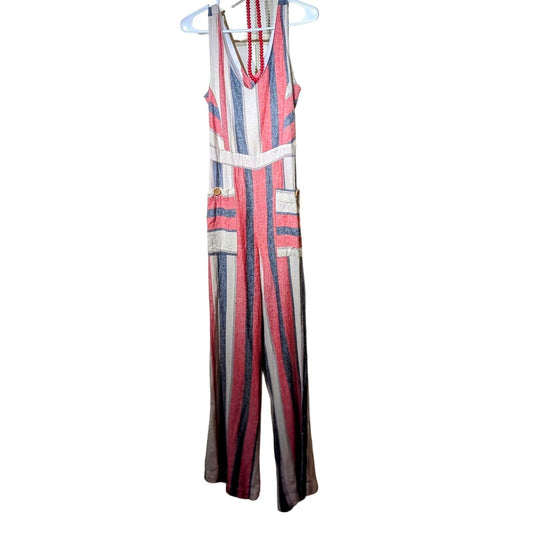 Indigo Rein Linen Blend Stripe Cut Out Tie Back Jumpsuit Womens Sz M
