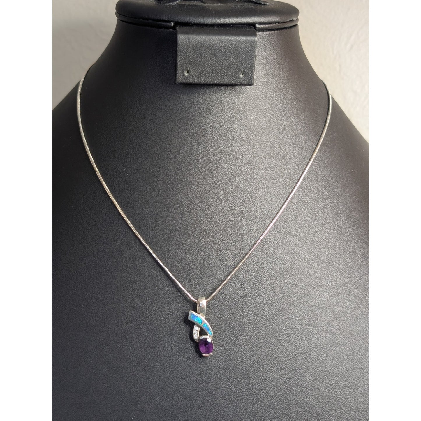 AK Atasay Kuyumculuk Sterling Opal Inlay Amethyst Clear Stone Pendant Necklace