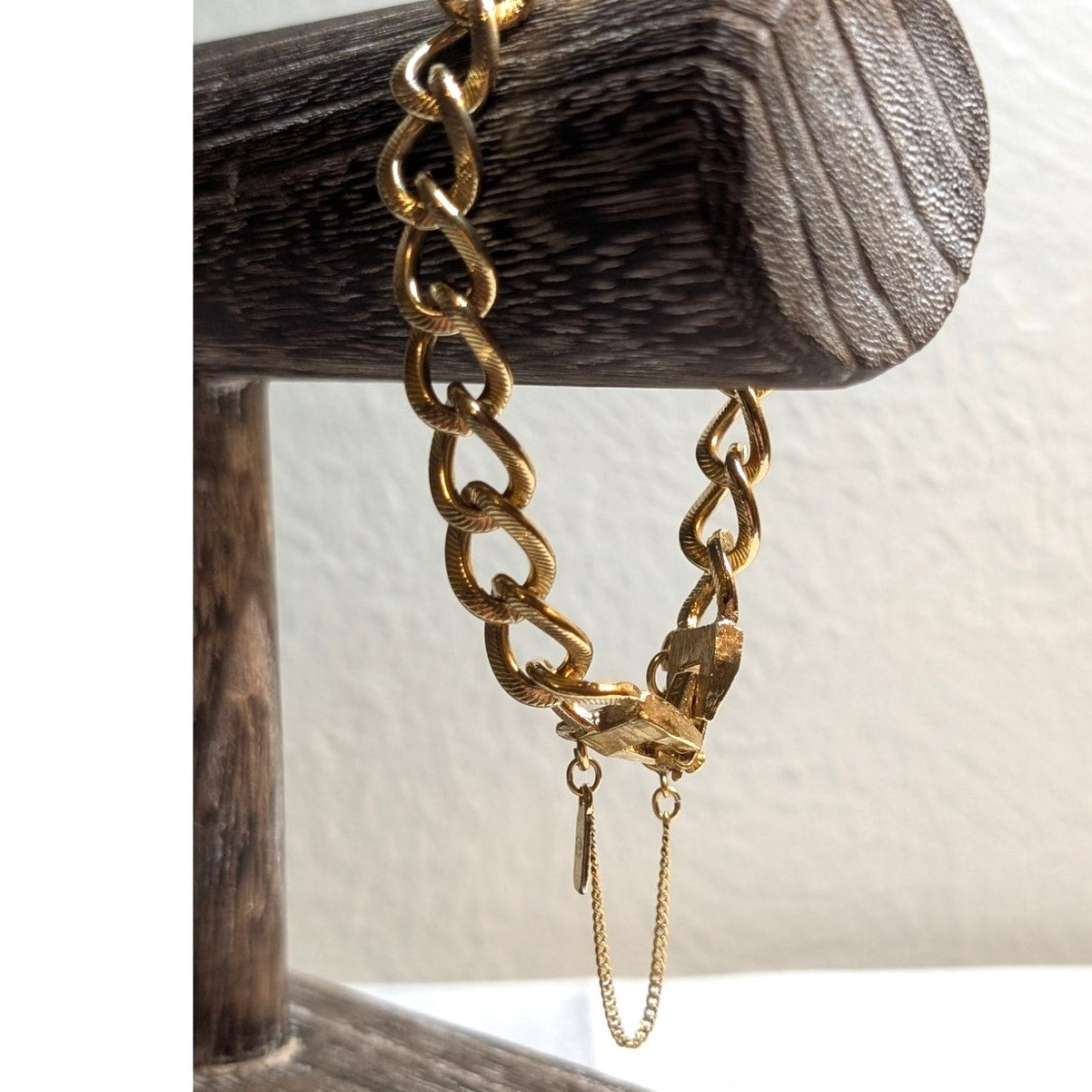 MONET Vintage Gold Tone Textured Cuban Link Safety Chain Charm Bracelet