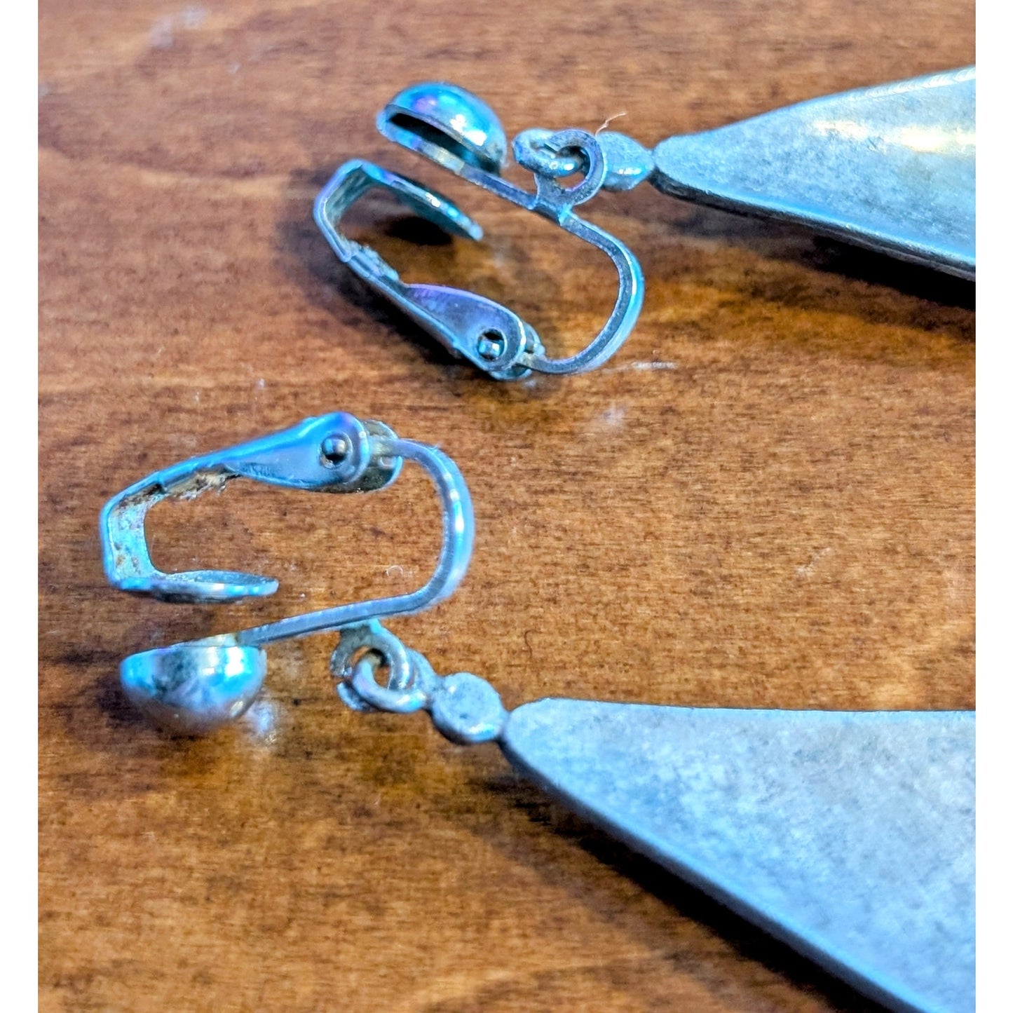 VTG 925 Sterling Silver Turquoise Bali Style Triangle Dangle Clip On Earrings