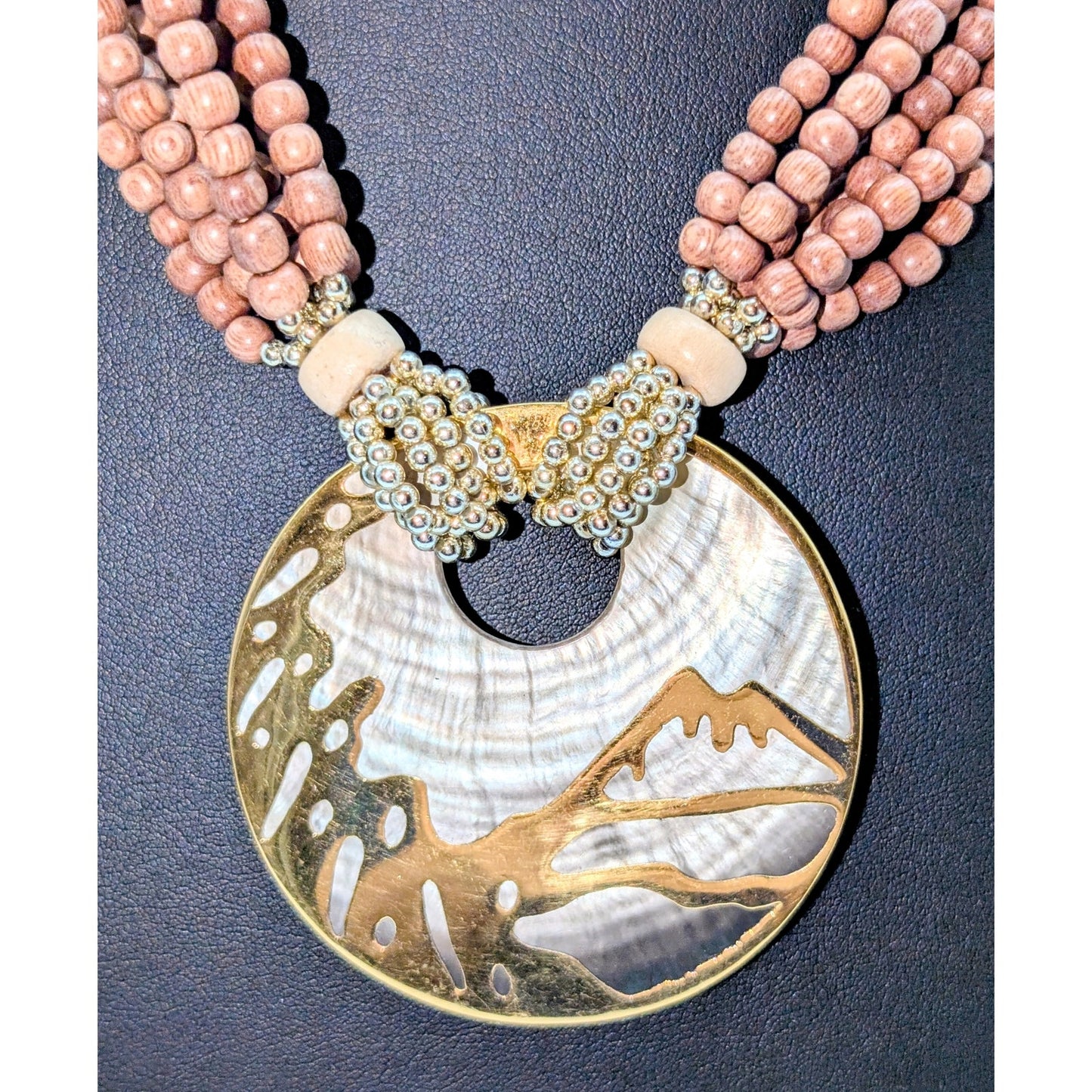 Seven Strand Wood Bead Gold Tone Shell Mountain Scene Disk Pendant 20" Necklace