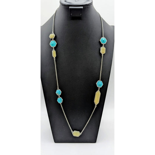 Lucky Brand NWT Blue & Green Bead Silver Tone Station 34"-36" Chain Necklace