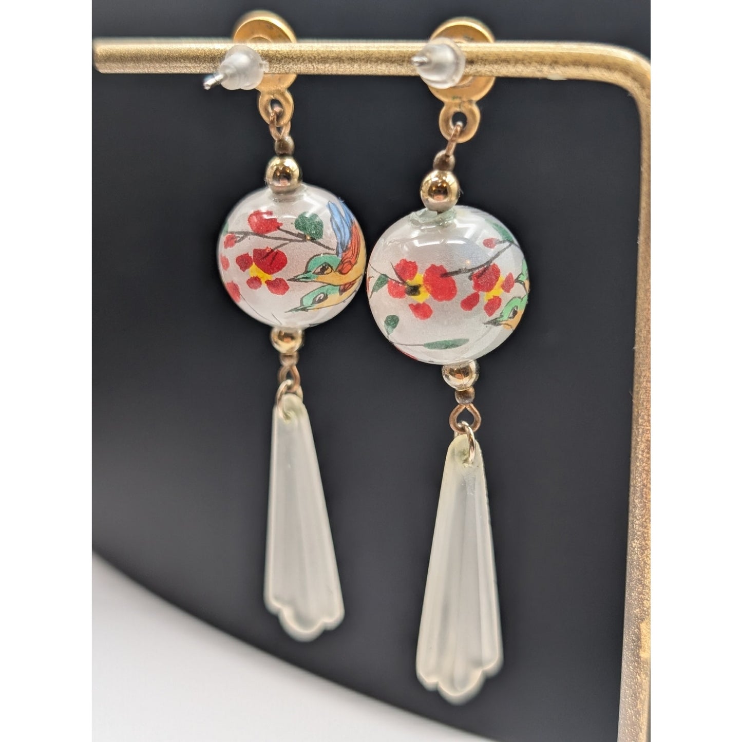 Vintage Japanese Painted Glass Bead White Frosted Dangle Earrings