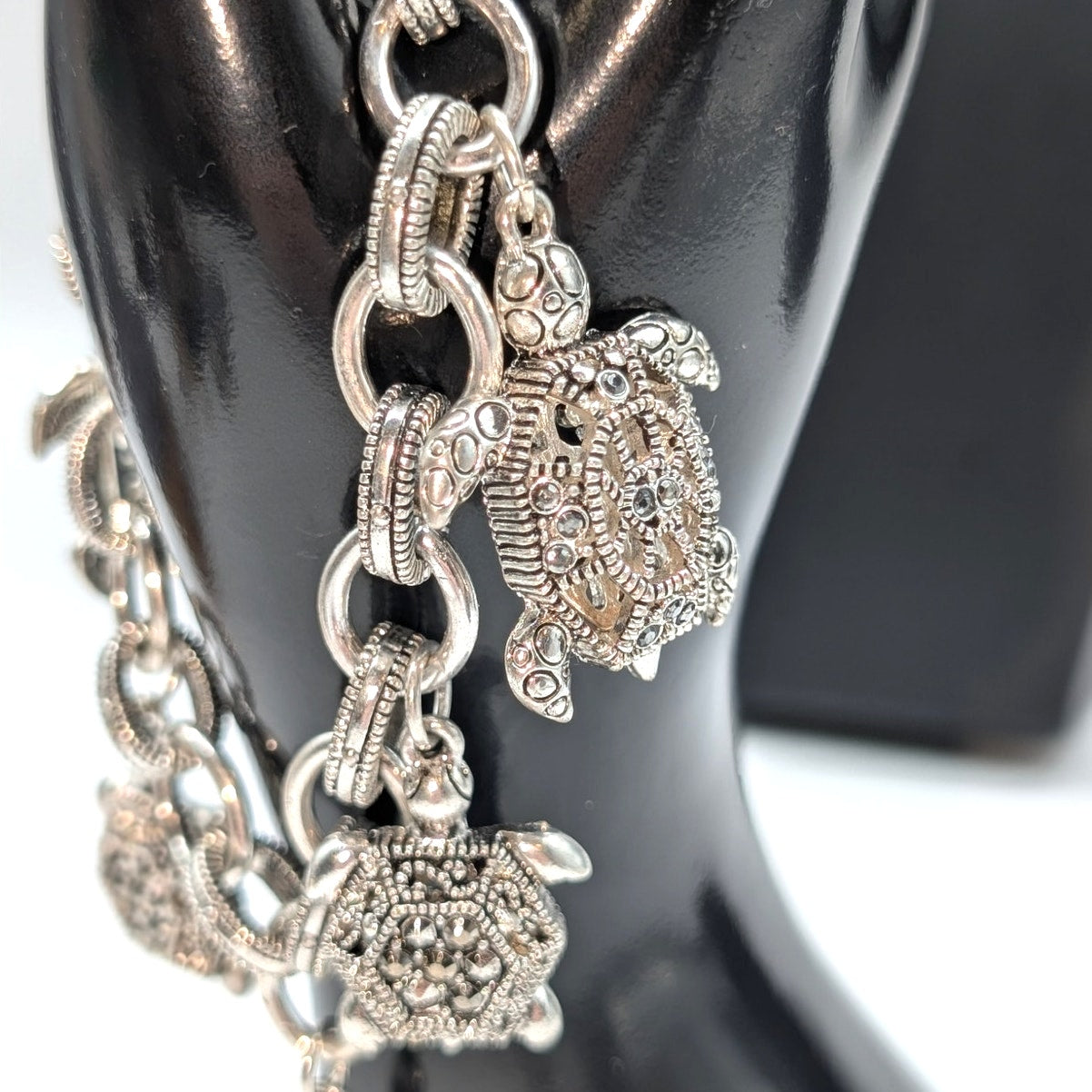 Chunky Silver Tone Marcasite Toggle Clasp Turtle Charm Bracelet