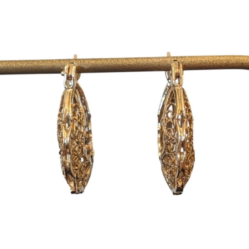 925 Sterling Silver Gold Vermeil Filigree Hoop Latch Down Pierced Earrings