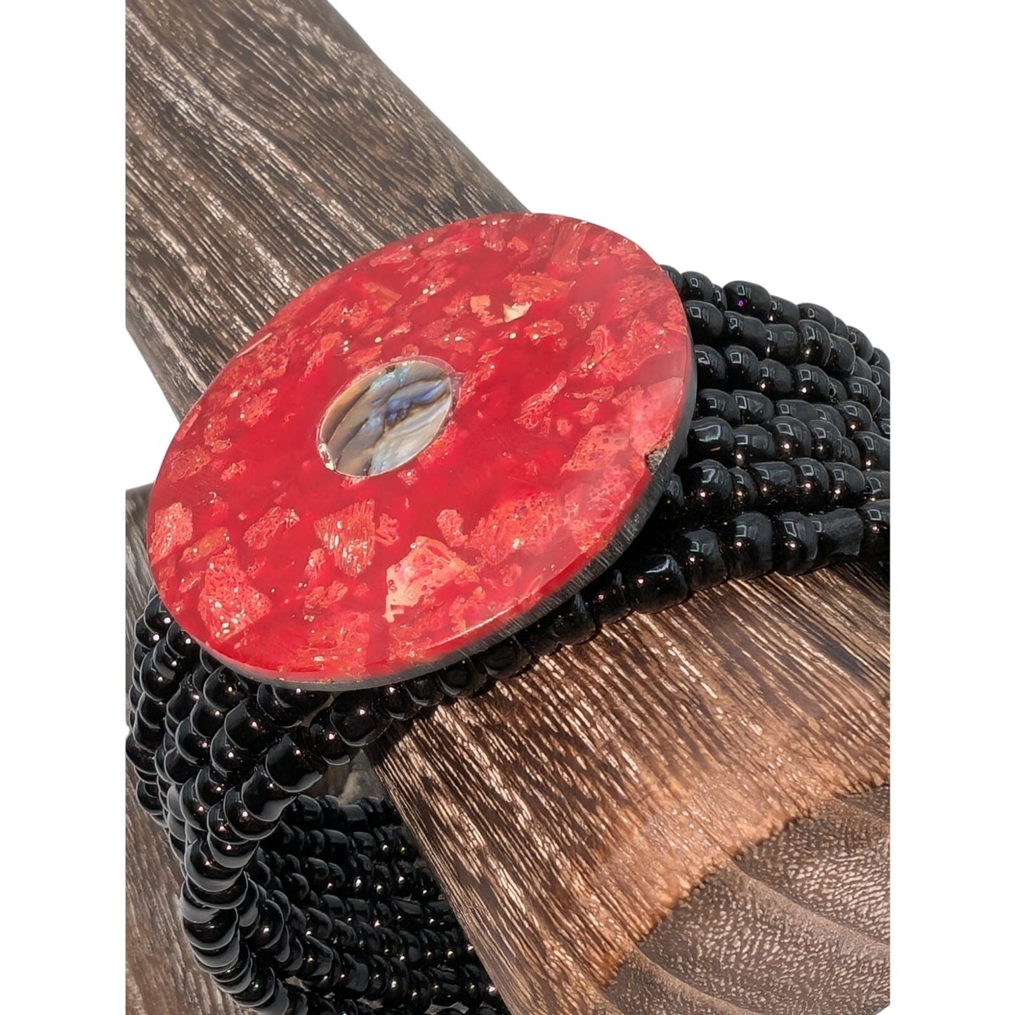 Red Coral Abalone Shell Black Glass Bead Multi-Strand Wire Cuff Bracelet
