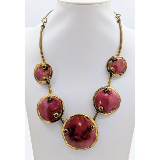 Vintage Modernist Brutalist Red Enamel Brass Disk Artisan Handmade 20" Necklace
